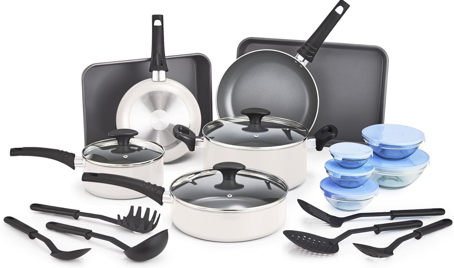 bella Nonstick Cookware Set with Glass Lids – Aluminum Bakeware, Pots and Pans, Storage Bowls & Utensils, Compatible with All Stovetops, 21 Piece, White bella Nonstick Cookware Set with Glass Lids – Aluminum Bakeware, Pots and Pans, Storage Bowls & Utensils, Compatible with All Stovetops, 21 Piece, White