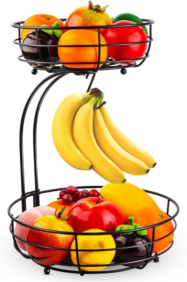 Auledio Iron 2-Tier Countertop Fruit Vegetables Basket Bowl Storage With Banana Hanger, Black, 64 ounces Auledio Iron 2-Tier Countertop Fruit Vegetables Basket Bowl Storage With Banana Hanger, Black, 64 ounces