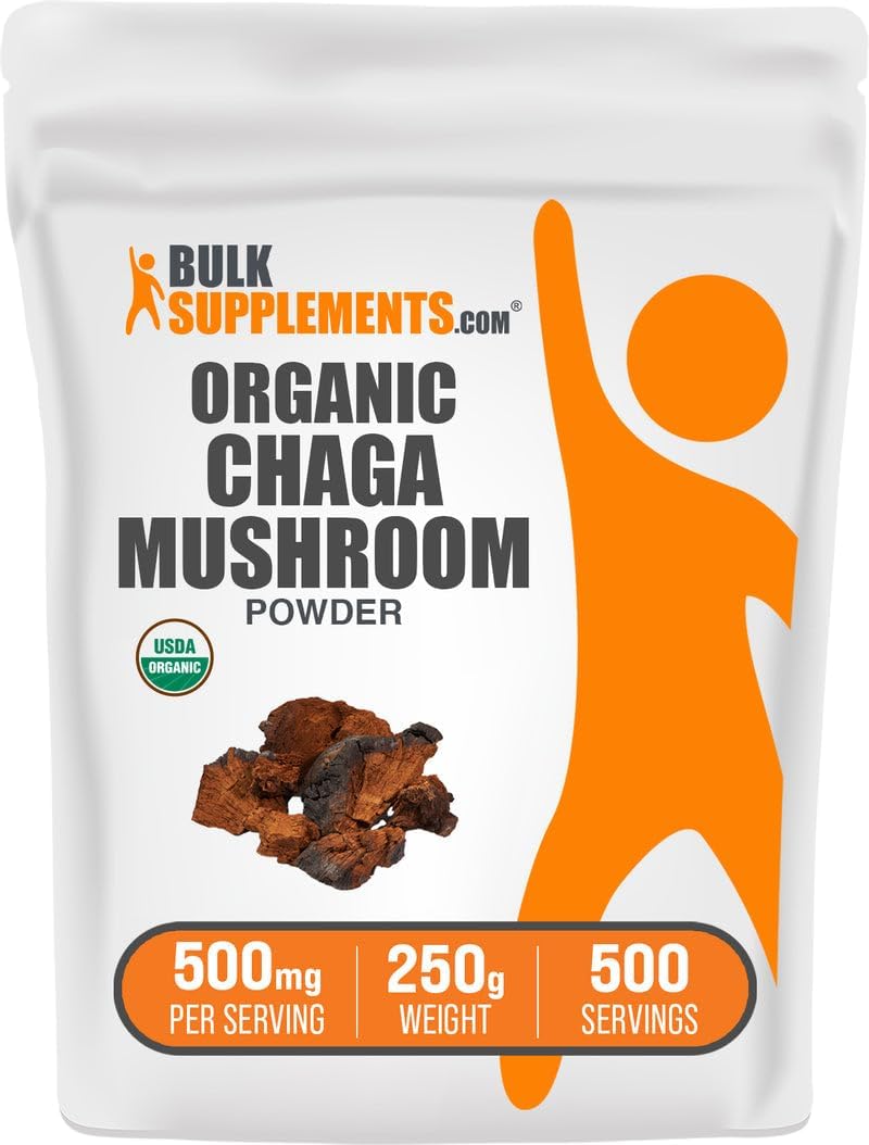 BulkSupplements.com Organic Chaga Mushrooms Powder – Chaga Mushroom Supplement, Superfood Supplement – Vegan & Gluten Free, 500mg per Serving, 250g (8.8 oz) (Pack of 1) BulkSupplements.com Organic Chaga Mushrooms Powder – Chaga Mushroom Supplement, Superfood Supplement – Vegan & Gluten Free, 500mg per Serving, 250g (8.8 oz) (Pack of 1)