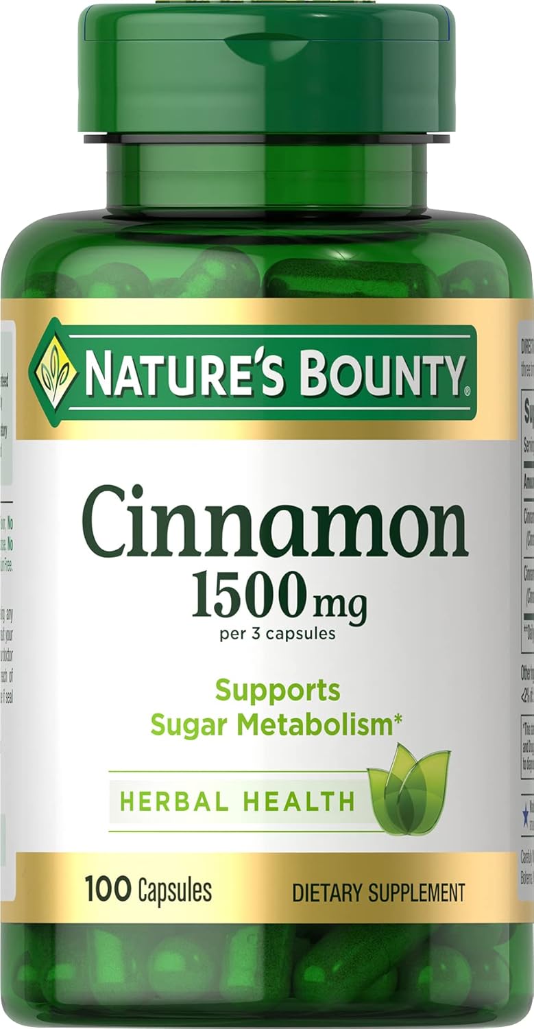 Nature’s Bounty Cinnamon Capsules, Herbal Supplement, Supports Sugar Metabolism, 1500mg, 100 Capsules Nature’s Bounty Cinnamon Capsules, Herbal Supplement, Supports Sugar Metabolism, 1500mg, 100 Capsules