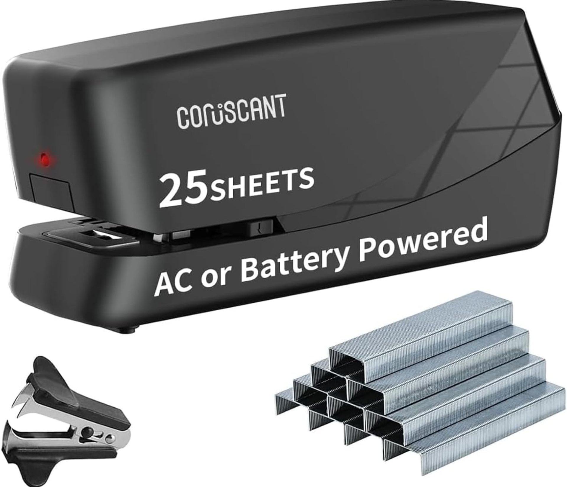 Coruscant Electric, Heavy Duty Automatic Stapler, 25 Sheet, Including 2000 Staples 1 Staple Remover, Desktop AC or Battery Powered for Professional Home Office Use, Black Coruscant Electric, Heavy Duty Automatic Stapler, 25 Sheet, Including 2000 Staples 1 Staple Remover, Desktop AC or Battery Powered for Professional Home Office Use, Black