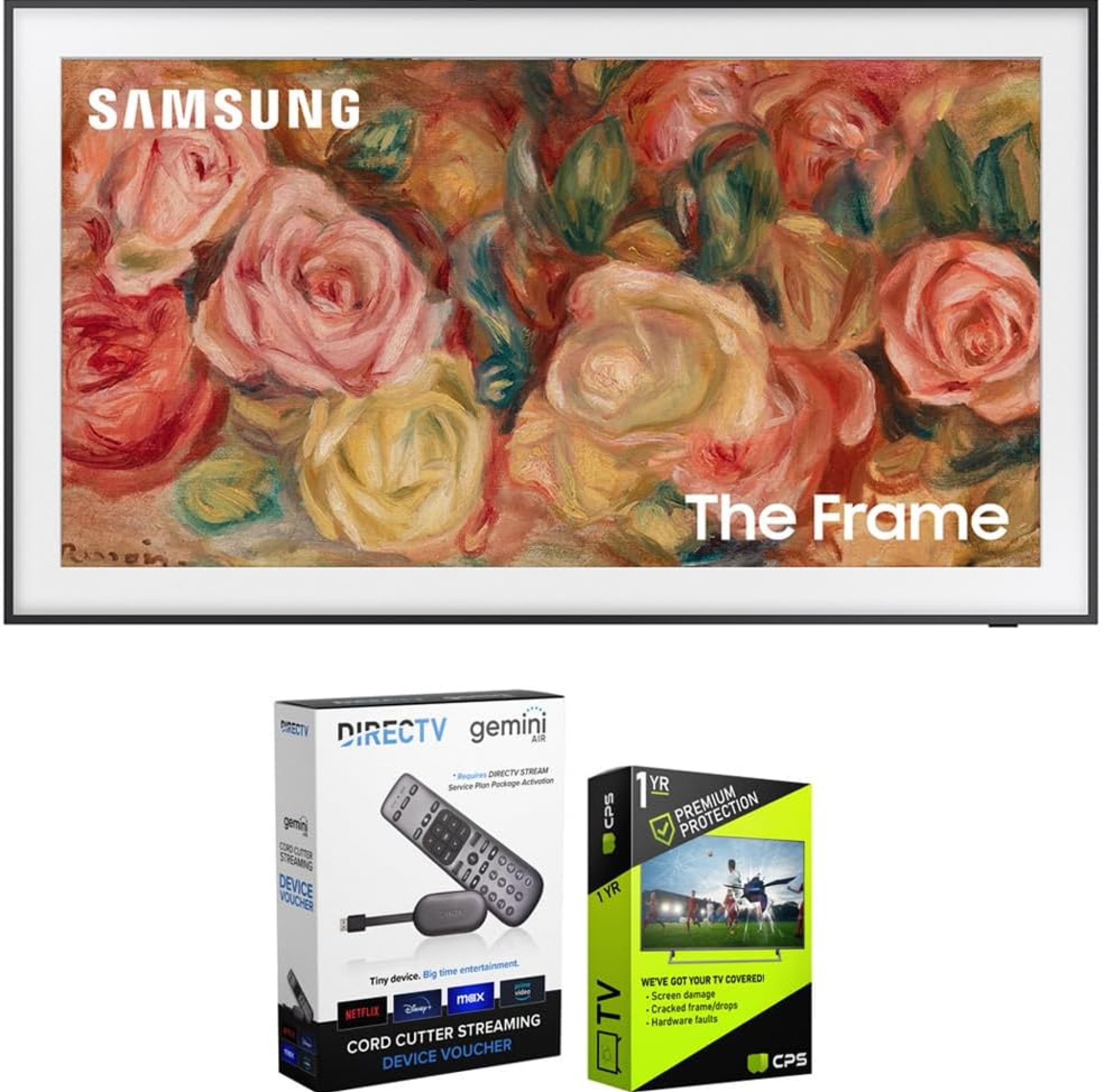 Samsung QN55LS03DA 55 inch The Frame QLED 4K Smart TV (2024 Model) Bundle with Redeemable DIRECTV Gemini Air Streaming Device and 1 YR CPS Enhanced Protection Pack Samsung QN55LS03DA 55 inch The Frame QLED 4K Smart TV (2024 Model) Bundle with Redeemable DIRECTV Gemini Air Streaming Device and 1 YR CPS Enhanced Protection Pack