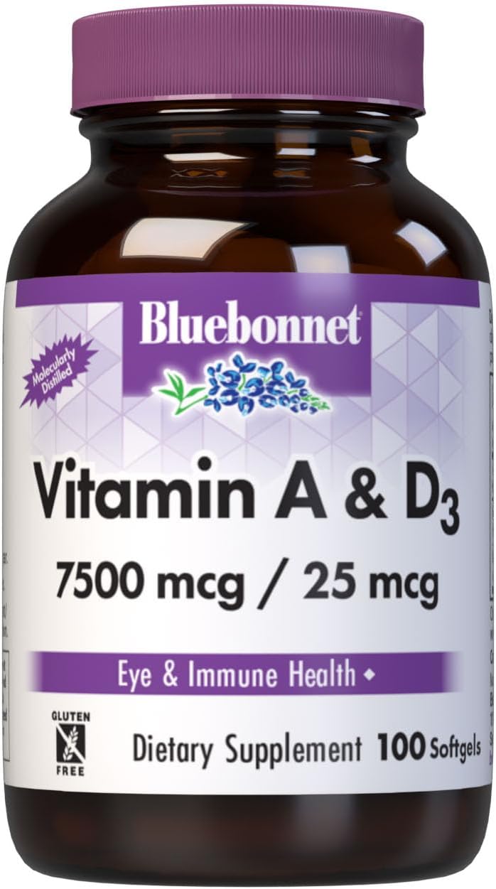 Bluebonnet Nutrition Vitamin A & D3 25,000 IU/1,000 IU from Deep Sea, Cold Water, Fish Oil – For Eye Health & Immune Function* – Gluten Free – Dairy Free – Molecularly Distilled – 100 Softgel/Servings Bluebonnet Nutrition Vitamin A & D3 25,000 IU/1,000 IU from Deep Sea, Cold Water, Fish Oil – For Eye Health & Immune Function* – Gluten Free – Dairy Free – Molecularly Distilled – 100 Softgel/Servings