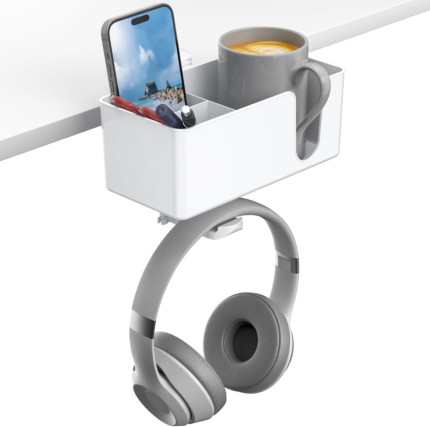 KDD 4-in-1 Desk Organizer – Under Desk Cup Holder and Headphone Hanger with 2 Wire Holes – Rotating Hanger and Detachable Storage for Cup, Phone and Pen (White) KDD 4-in-1 Desk Organizer – Under Desk Cup Holder and Headphone Hanger with 2 Wire Holes – Rotating Hanger and Detachable Storage for Cup, Phone and Pen (White)