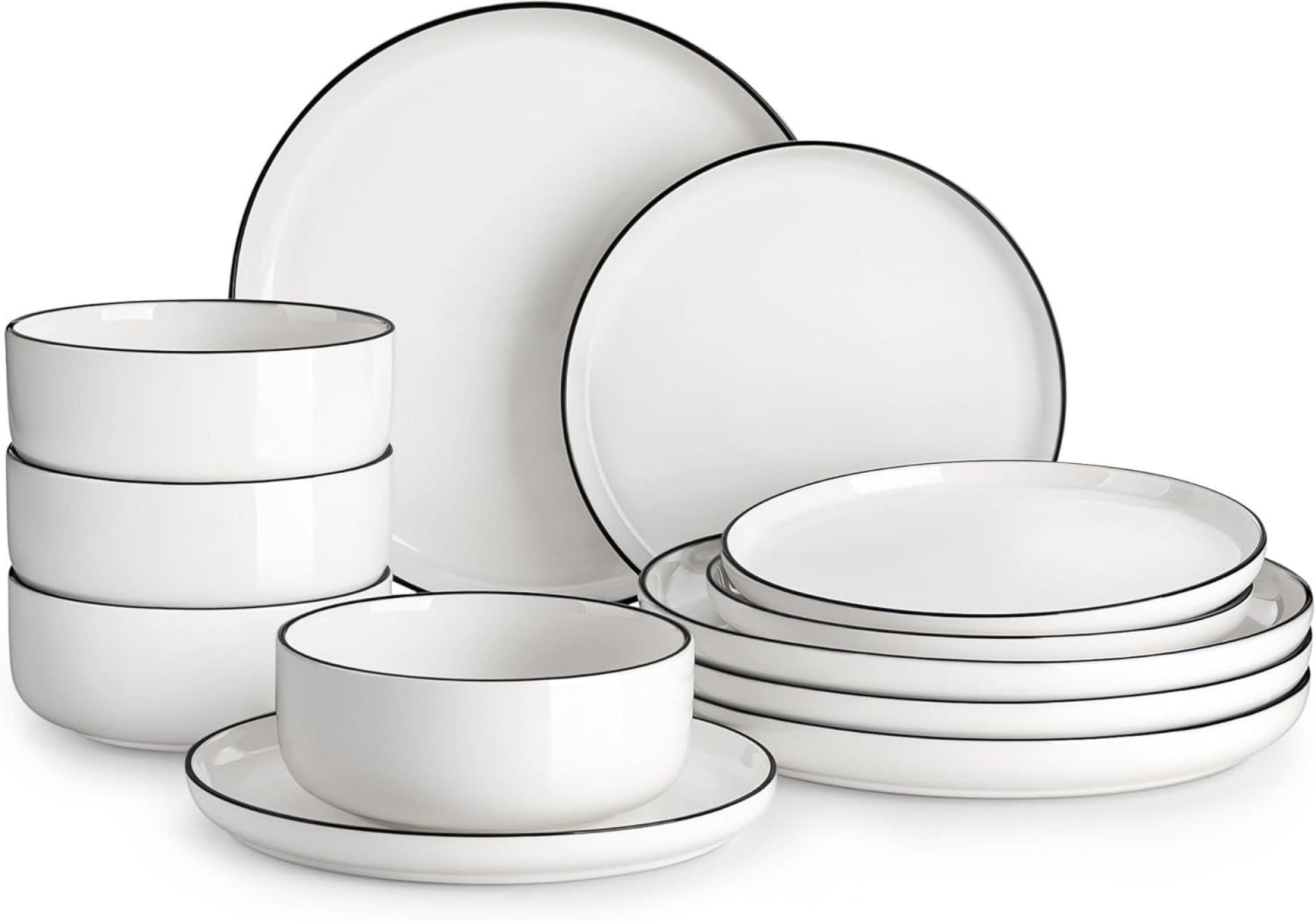 MALACASA Plates and Bowls Sets, 12 Pieces Modern Porcelain Dinnerware Set for 4 White Kitchen Dinner Dining Ware Set wtih Black Rim Ceramic Dishware Dishes Microwave and Dishwasher Safe, Series LUNA MALACASA Plates and Bowls Sets, 12 Pieces Modern Porcelain Dinnerware Set for 4 White Kitchen Dinner Dining Ware Set wtih Black Rim Ceramic Dishware Dishes Microwave and Dishwasher Safe, Series LUNA
