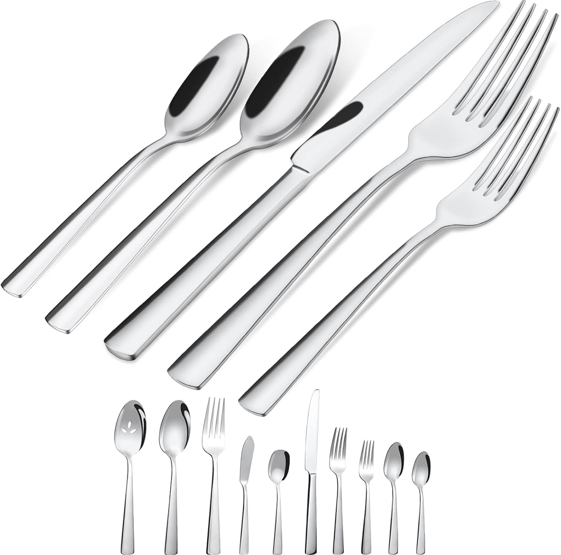 45-Piece Silverware Set Flatware Cutlery Set Service for 8, Durable Stainless Steel Tableware in Ergonomic Design Size and Weight, Kitchen Utensil Sets with Steak Knives, Rust-proof, Dishwasher Safe 45-Piece Silverware Set Flatware Cutlery Set Service for 8, Durable Stainless Steel Tableware in Ergonomic Design Size and Weight, Kitchen Utensil Sets with Steak Knives, Rust-proof, Dishwasher Safe