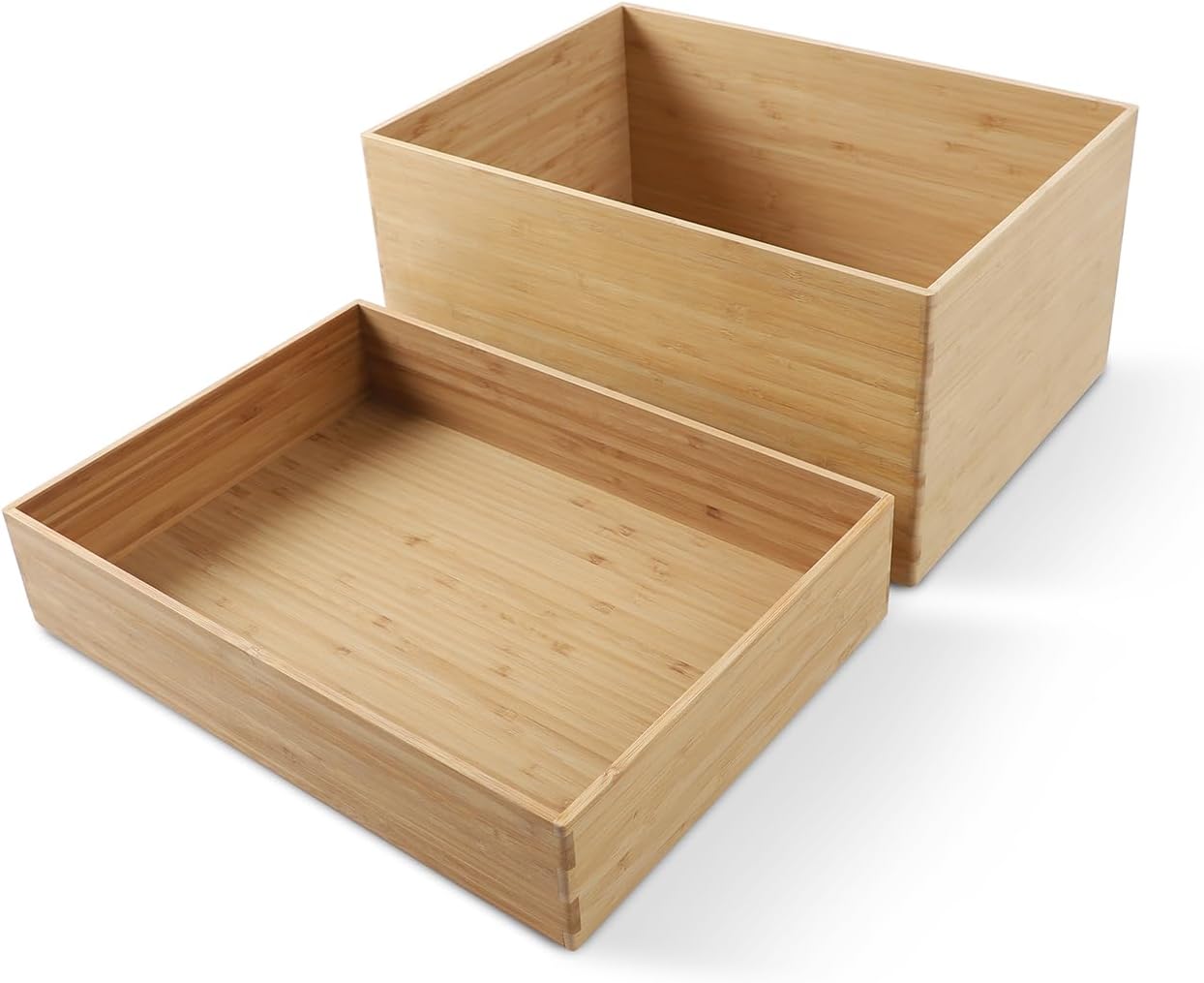 2-Piece Large Bamboo Storage Box Set, 7.1 in High Stackable Deep-Drawer Organizer for Kitchen Cutlery, Utensils & Knives, Lidless Wooden Bin for Homes & Offices (14.6″x10.2″x7.1″+14.6″x10.2″x3.1″) 2-Piece Large Bamboo Storage Box Set, 7.1 in High Stackable Deep-Drawer Organizer for Kitchen Cutlery, Utensils & Knives, Lidless Wooden Bin for Homes & Offices (14.6″x10.2″x7.1″+14.6″x10.2″x3.1″)