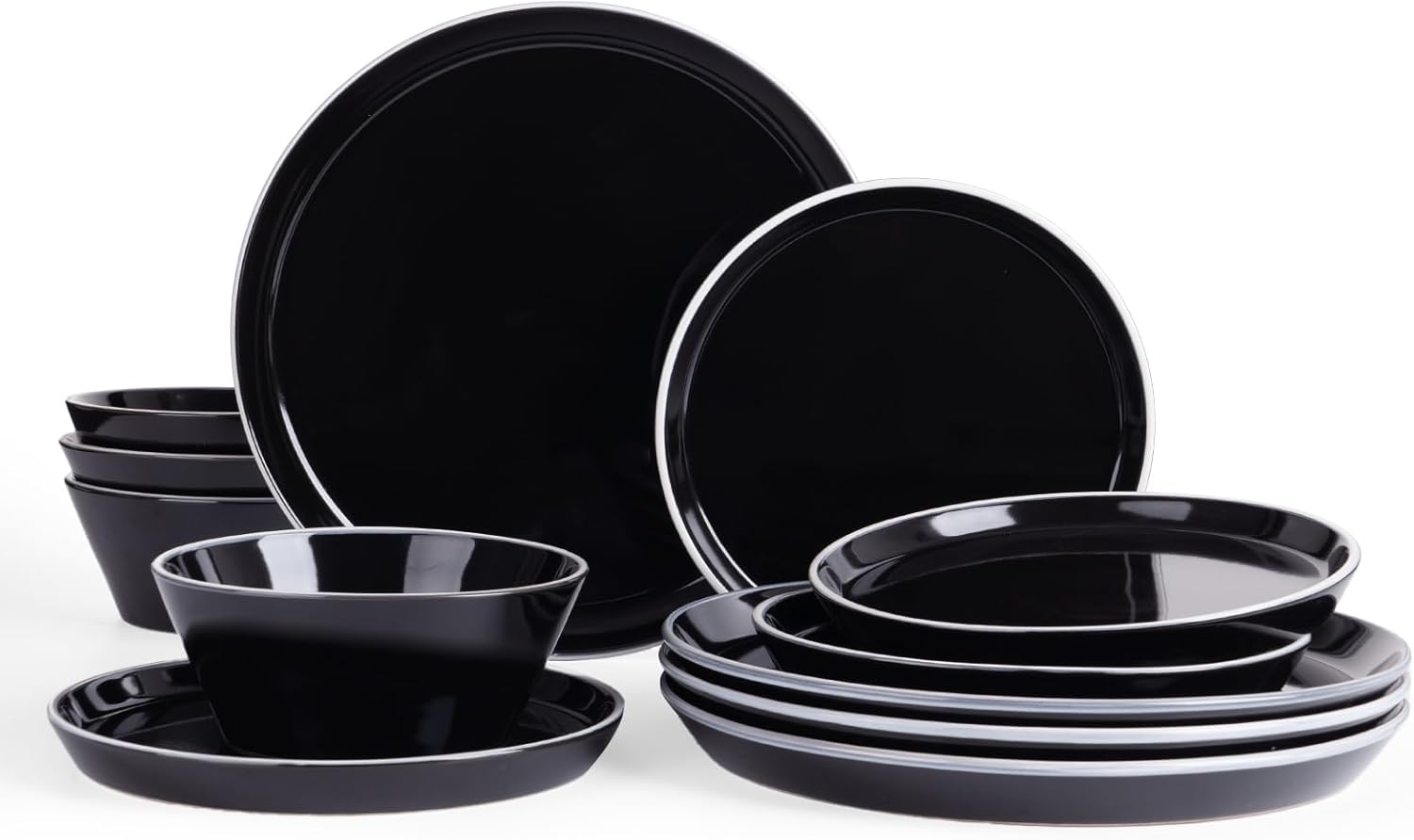 Famiware Saturn Dinnerware Sets, Plates and Bowls Sets for 4, 12 Pieces Stoneware Dish Set – Chip and Scratch Resistant, Microwave and Dishwasher Safe Tableware Set, Black with Rim Famiware Saturn Dinnerware Sets, Plates and Bowls Sets for 4, 12 Pieces Stoneware Dish Set – Chip and Scratch Resistant, Microwave and Dishwasher Safe Tableware Set, Black with Rim