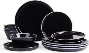 Famiware Saturn Dinnerware Sets, Plates and Bowls Sets for 4, 12 Pieces Stoneware Dish Set – Chip and Scratch Resistant, Microwave and Dishwasher Safe Tableware Set, Black with Rim