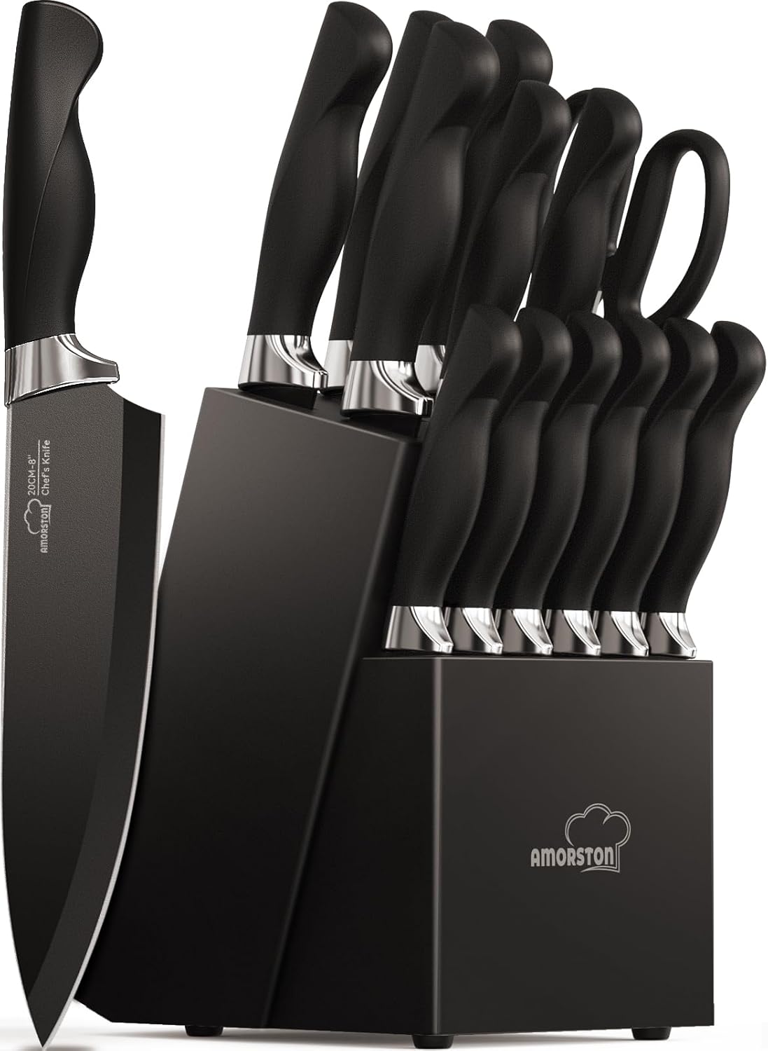 Knife Set, Amorston 15 Pieces Knife Sets for Kitchen with Block, Dishwasher Safe Kitchen Knife Set with Built in Sharpener Block, German Stainless Steel Knife Block Set, Black Knife Set, Amorston 15 Pieces Knife Sets for Kitchen with Block, Dishwasher Safe Kitchen Knife Set with Built in Sharpener Block, German Stainless Steel Knife Block Set, Black