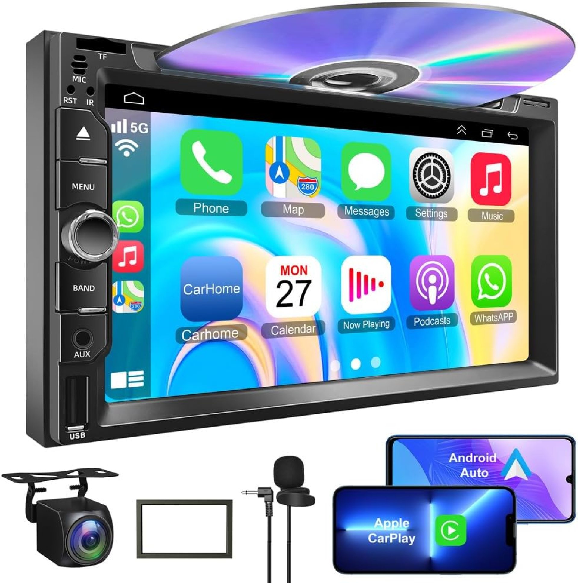 Double Din car Stereo with CD/DVD Player- CarPlay & Android Auto, Car Audio with Bluetooth, 7 Inch HD Touchscreen, Rear Camera, USB/TF/AUX, Subwoofer, AM/FM Radio Receiver Double Din car Stereo with CD/DVD Player- CarPlay & Android Auto, Car Audio with Bluetooth, 7 Inch HD Touchscreen, Rear Camera, USB/TF/AUX, Subwoofer, AM/FM Radio Receiver