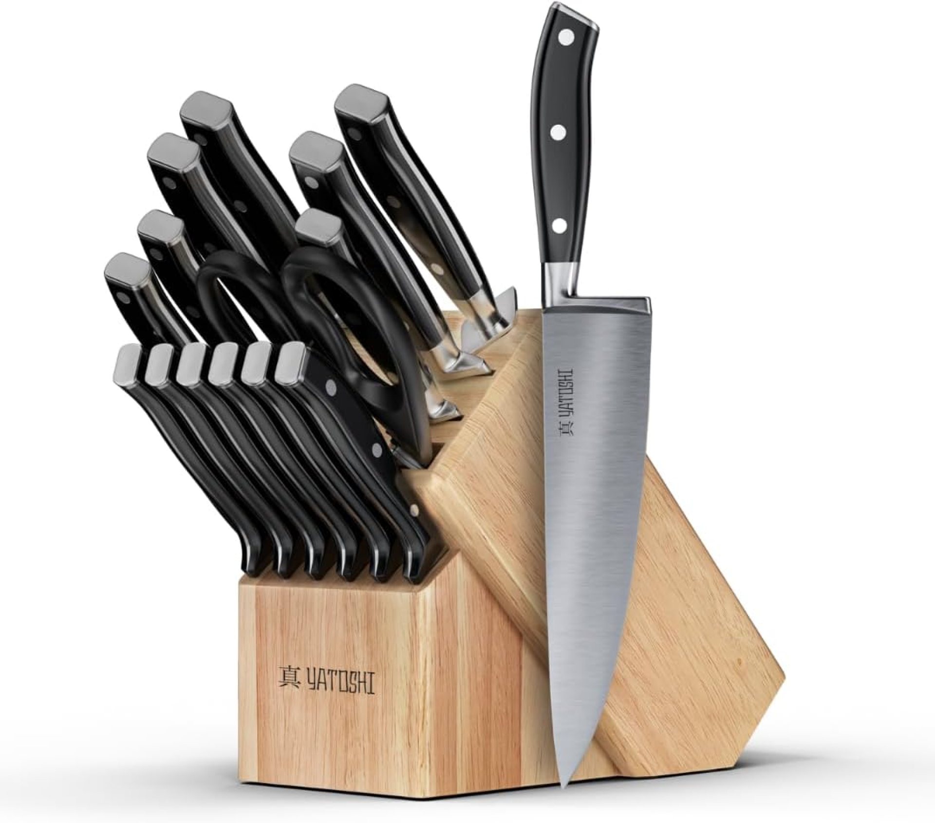 Yatoshi 15 Piece Black Knife Block Set – Pro Kitchen Knife Set Ultra Sharp High Carbon Stainless Steel with Ergonomic Handle Yatoshi 15 Piece Black Knife Block Set – Pro Kitchen Knife Set Ultra Sharp High Carbon Stainless Steel with Ergonomic Handle