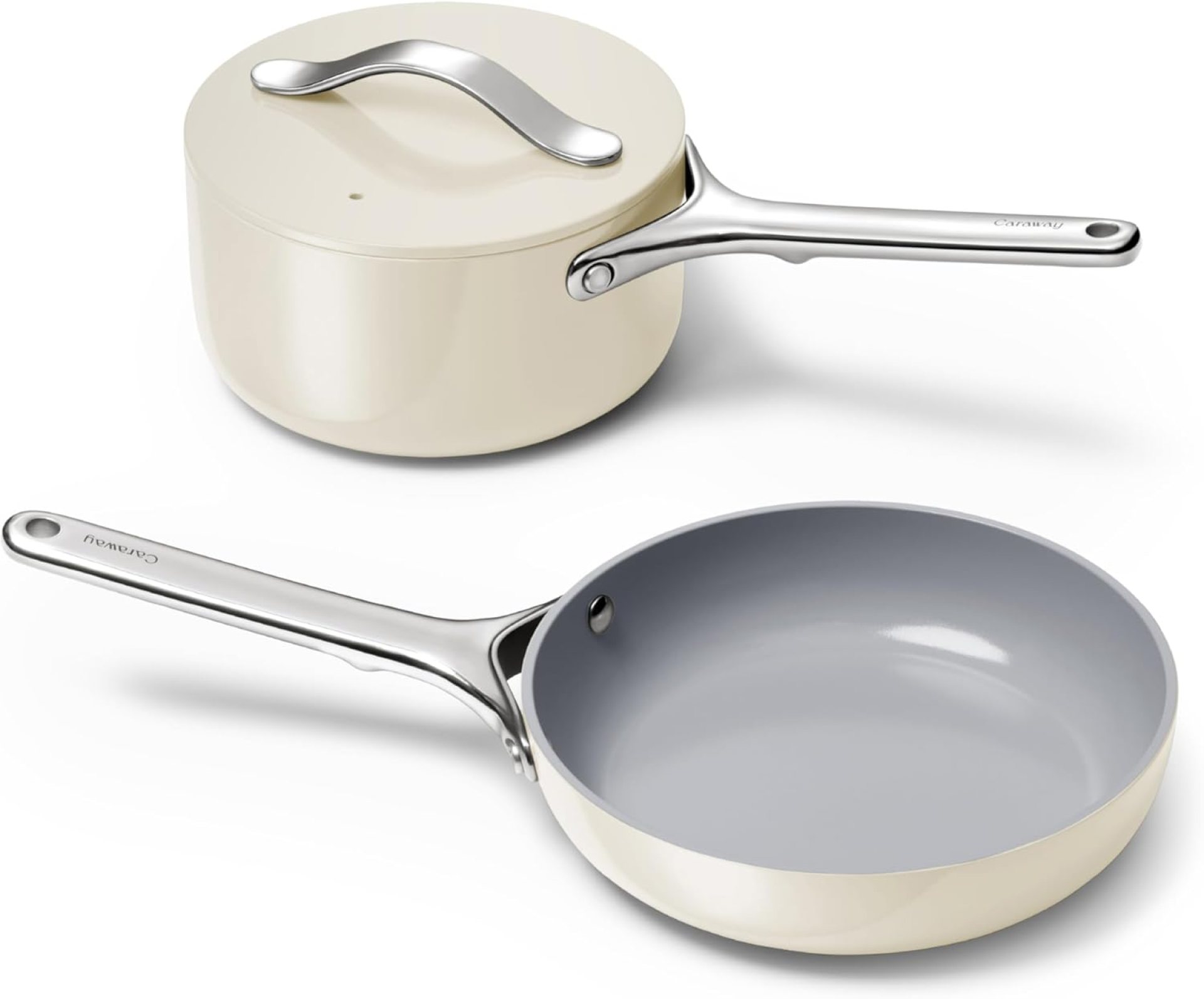Caraway Mini Cookware Set – Non-Stick Ceramic Fry Pan (1.05 qt, 8″) Sauce Pan (1.75 qt) & Storage Rack – Non Toxic, PTFE & PFOA Free – Oven Safe & Stovetop Agnostic (Gas, Electric & Induction) – Cream Caraway Mini Cookware Set – Non-Stick Ceramic Fry Pan (1.05 qt, 8″) Sauce Pan (1.75 qt) & Storage Rack – Non Toxic, PTFE & PFOA Free – Oven Safe & Stovetop Agnostic (Gas, Electric & Induction) – Cream