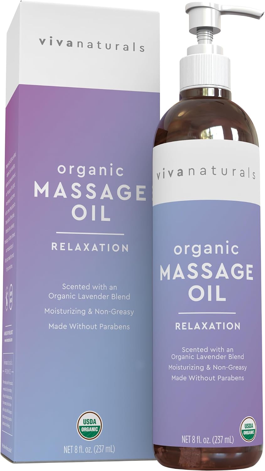 Viva Naturals Organic Massage Oil (8 fl. oz.) – Lavender Scented Non-Greasy Body Massage Oil with Mess-Free Pump, Moisturizing Massage Oils for Massage Therapy, Non-GMO and Certified Organic, 237 mL Viva Naturals Organic Massage Oil (8 fl. oz.) – Lavender Scented Non-Greasy Body Massage Oil with Mess-Free Pump, Moisturizing Massage Oils for Massage Therapy, Non-GMO and Certified Organic, 237 mL