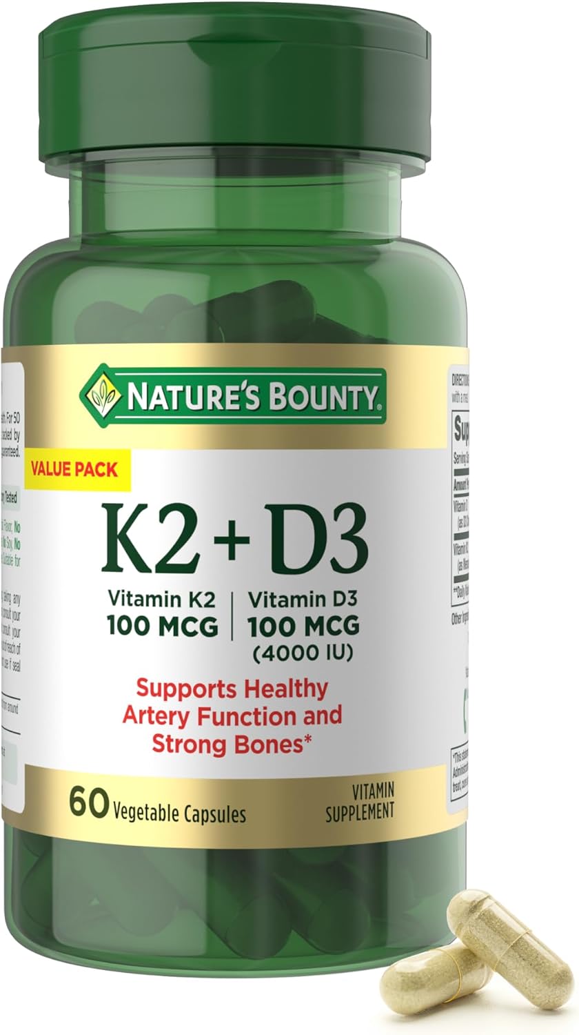 Nature’s Bounty Vitamin D3 K2 Supplement, 4000 IU Vitamin D3 Plus 100 mcg of Vitamin K for Heart & Bone Health Support, 60 Day Supply, 60 Vegetarian Capsules, K2 + D3 Supplements for Adults Nature’s Bounty Vitamin D3 K2 Supplement, 4000 IU Vitamin D3 Plus 100 mcg of Vitamin K for Heart & Bone Health Support, 60 Day Supply, 60 Vegetarian Capsules, K2 + D3 Supplements for Adults