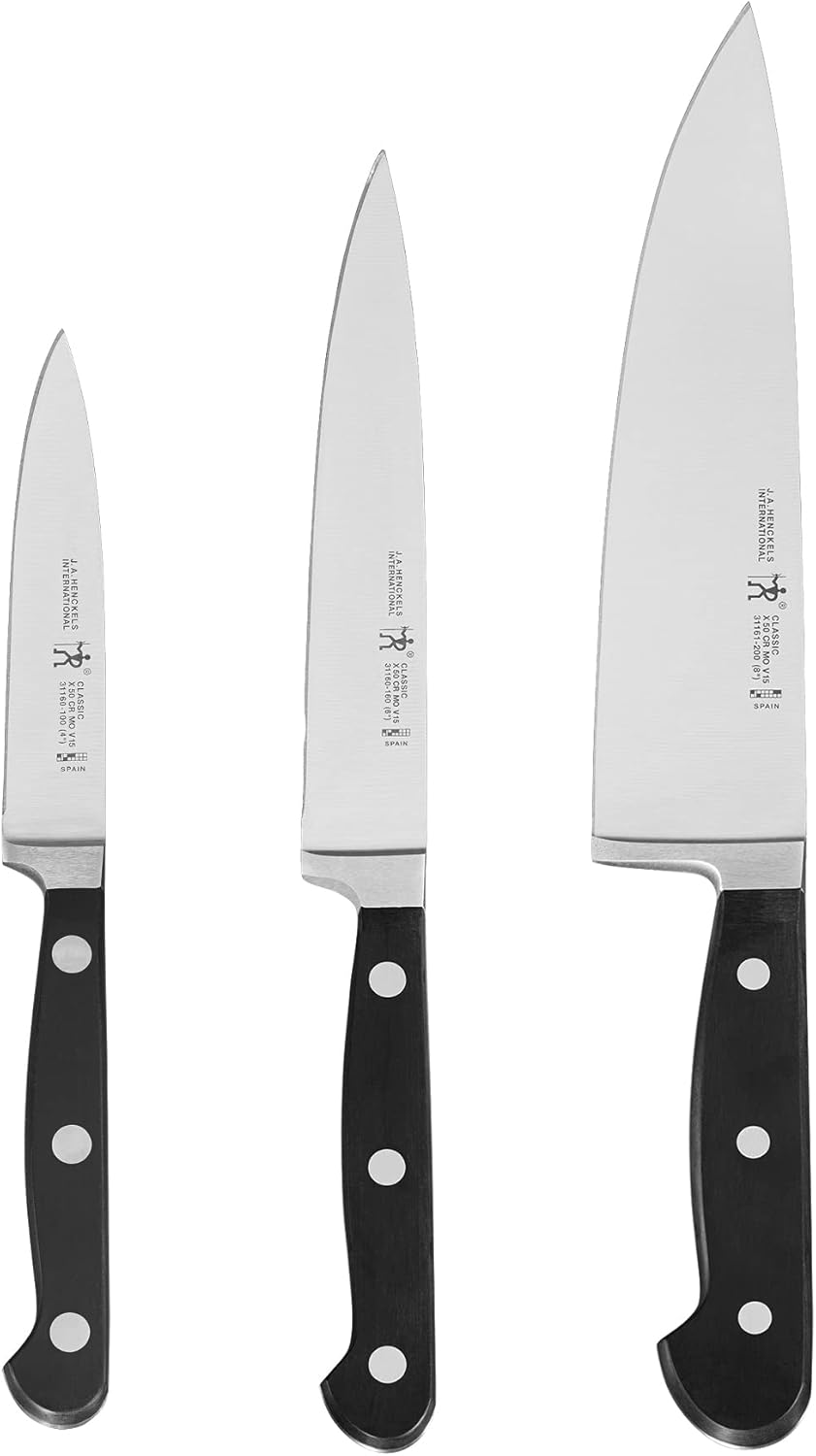 HENCKELS Classic Razor-Sharp 3-Piece Kitchen Knife Set, Chef Knife, Paring Knife, Utility Knife, German Engineered Informed by 100+ Years of Mastery, Stainless Steel HENCKELS Classic Razor-Sharp 3-Piece Kitchen Knife Set, Chef Knife, Paring Knife, Utility Knife, German Engineered Informed by 100+ Years of Mastery, Stainless Steel