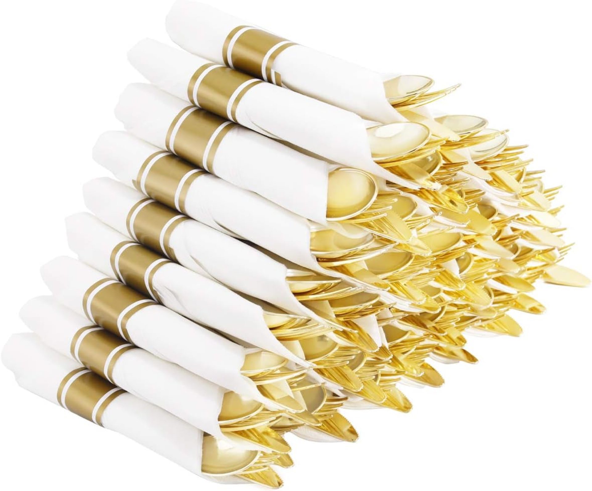 Supernal 60 Pack Pre Rolled Napkins with Gold Plastic Silverware, Premium Disposable Gold Wrapped Cutlery Set Includes: 60 Forks 60 Knives 60 Spoons 60 Napkin for Party Supernal 60 Pack Pre Rolled Napkins with Gold Plastic Silverware, Premium Disposable Gold Wrapped Cutlery Set Includes: 60 Forks 60 Knives 60 Spoons 60 Napkin for Party
