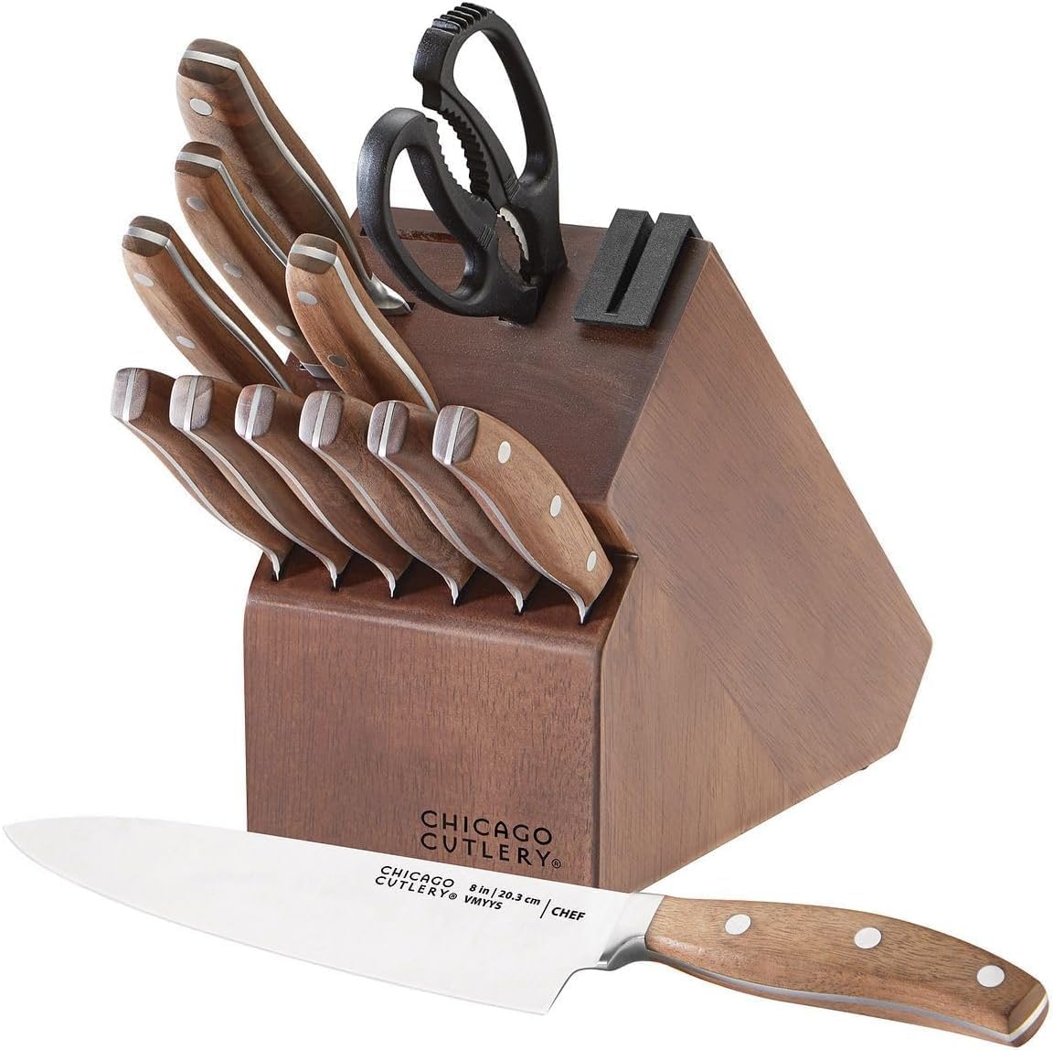 Chicago Cutlery Signature Edge Steel 13-Piece Kitchen Knife Block Set With Wooden Block & Built-In Sharpener, Ergonomic Handles and Stainless Steel Professional Chef Knife Set & Scissors in Walnut Chicago Cutlery Signature Edge Steel 13-Piece Kitchen Knife Block Set With Wooden Block & Built-In Sharpener, Ergonomic Handles and Stainless Steel Professional Chef Knife Set & Scissors in Walnut