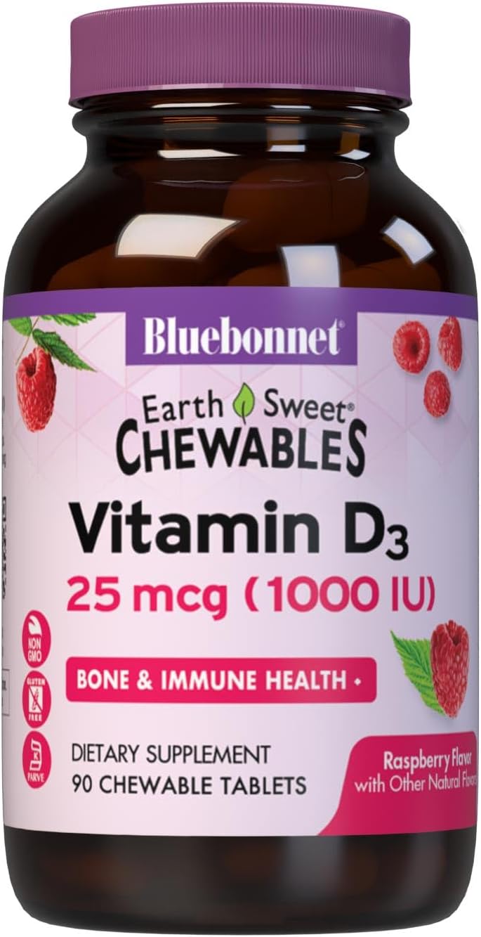 Bluebonnet Nutrition EarthSweet Vitamin D3 1000IU – Bone & Immune Support Supplement – Raspberry Chewable Vitamin D Supplement for Women & Men – Soy-Free, Gluten-Free, Non-GMO – 90 Tablets Bluebonnet Nutrition EarthSweet Vitamin D3 1000IU – Bone & Immune Support Supplement – Raspberry Chewable Vitamin D Supplement for Women & Men – Soy-Free, Gluten-Free, Non-GMO – 90 Tablets