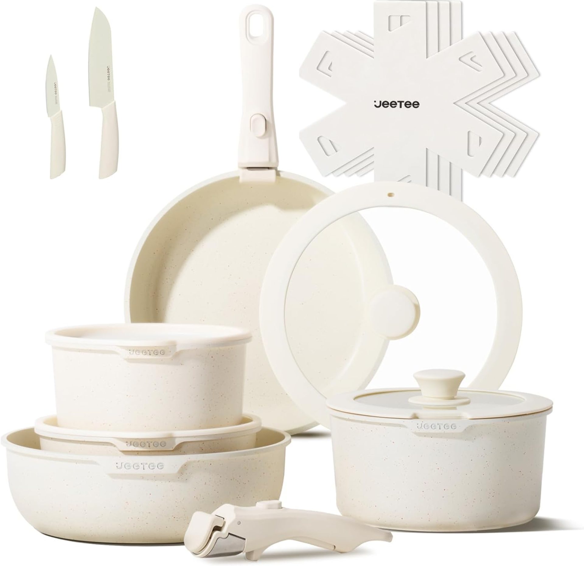 JEETEE Pots and Pans Set Non Stick 17pcs, Kitchen Cookware Sets with Detachable Handle, Induction Nonstick Cookware Set with Removable Handle, Stackable RV Cookware, Oven Safe, PFAS/PFOA Free, Beige JEETEE Pots and Pans Set Non Stick 17pcs, Kitchen Cookware Sets with Detachable Handle, Induction Nonstick Cookware Set with Removable Handle, Stackable RV Cookware, Oven Safe, PFAS/PFOA Free, Beige