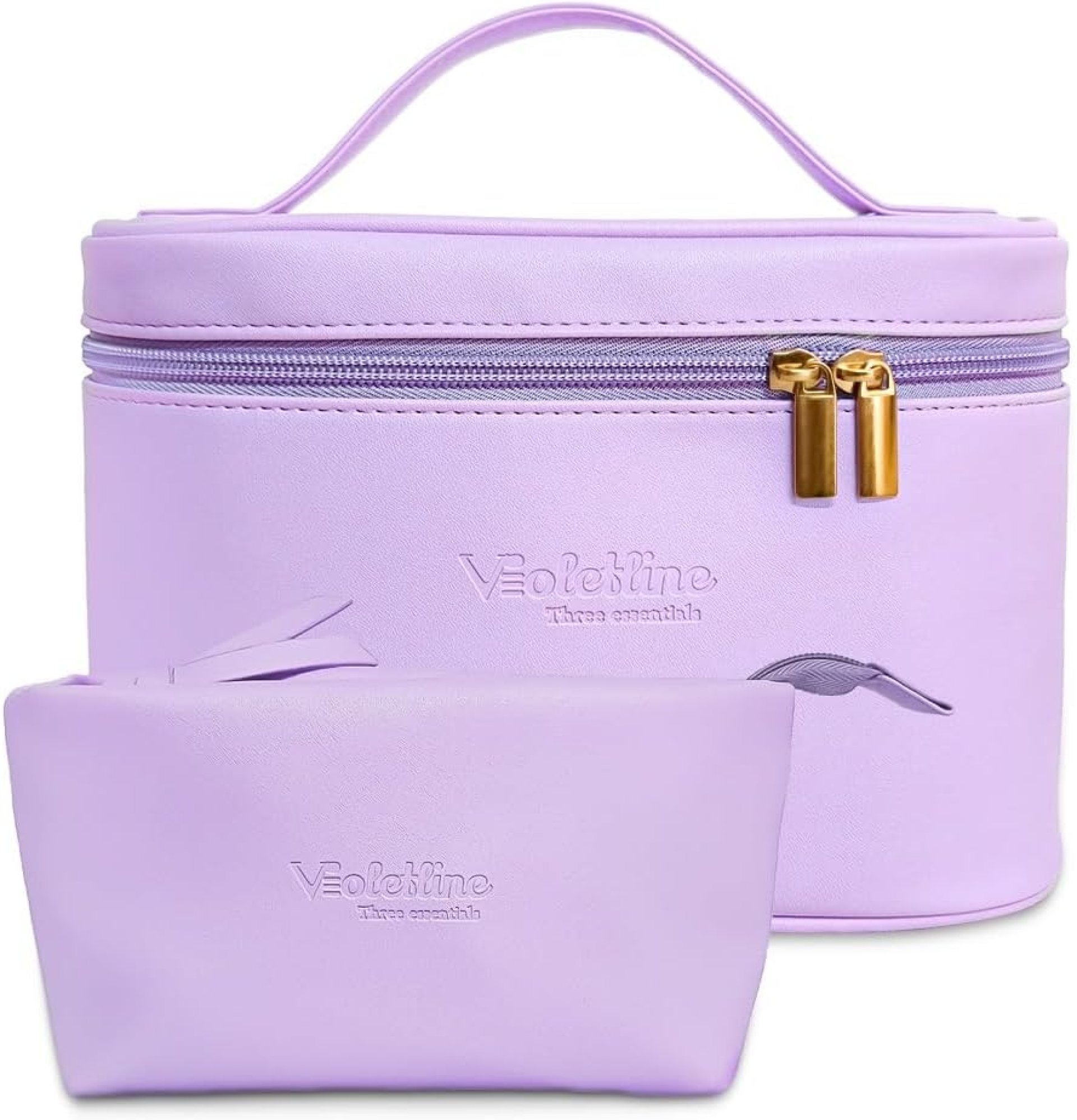 Travel Cosmetic Bag for Women, PU Leather Cosmetic Bag Set of 2, Waterproof, Large Makeup Bag with Handle (Light purple makeup bag) Travel Cosmetic Bag for Women, PU Leather Cosmetic Bag Set of 2, Waterproof, Large Makeup Bag with Handle (Light purple makeup bag)