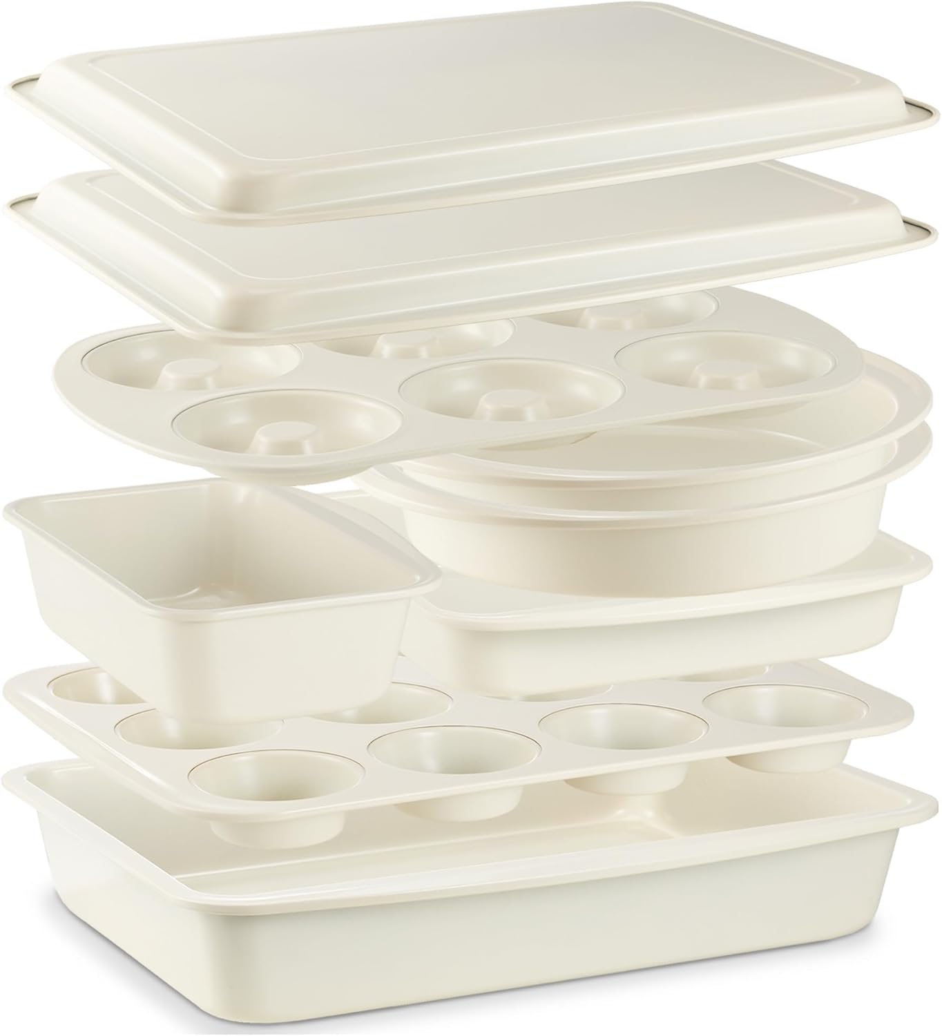 BRONYPRO Stackable Bakeware Set, 9-Piece Baking Pans Set with Non-Stick Coating and Innovative Handles, Includes Exclusive Donut Pan – Ideal for Home and Professional Baking(White) BRONYPRO Stackable Bakeware Set, 9-Piece Baking Pans Set with Non-Stick Coating and Innovative Handles, Includes Exclusive Donut Pan – Ideal for Home and Professional Baking(White)