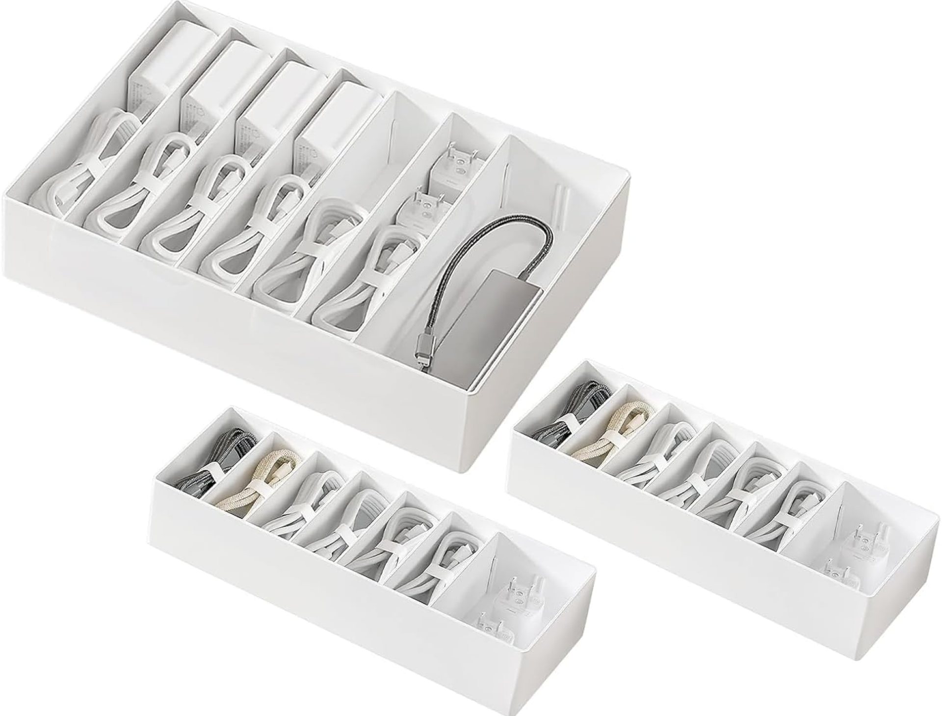 3 Pcs Cable Organizer Box with Wire Ties, Plastic Cord Charger Storage with 8 Compartments, Electronics Organizer for Home Office, Desk Drawer Stationery Stackable, White 3 Pcs Cable Organizer Box with Wire Ties, Plastic Cord Charger Storage with 8 Compartments, Electronics Organizer for Home Office, Desk Drawer Stationery Stackable, White