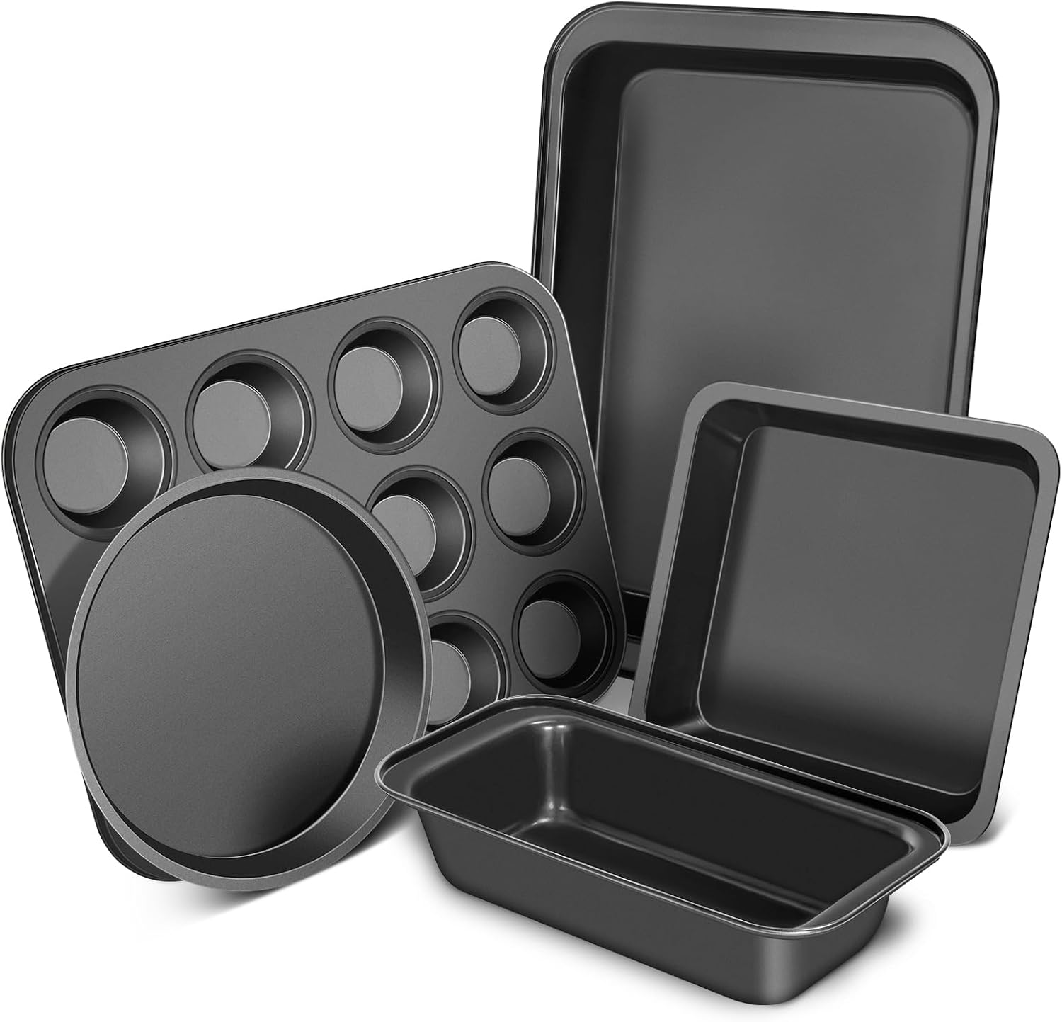 Baking Pans Set, 5-Piece Nonstick Bakeware Sets with Round/Square Cake Pan, Muffin Loaf Roast Pan, Baking Sheets for Oven, Kitchen Cookware Sets Baking Tray Baking Supplies, Black Baking Pans Set, 5-Piece Nonstick Bakeware Sets with Round/Square Cake Pan, Muffin Loaf Roast Pan, Baking Sheets for Oven, Kitchen Cookware Sets Baking Tray Baking Supplies, Black