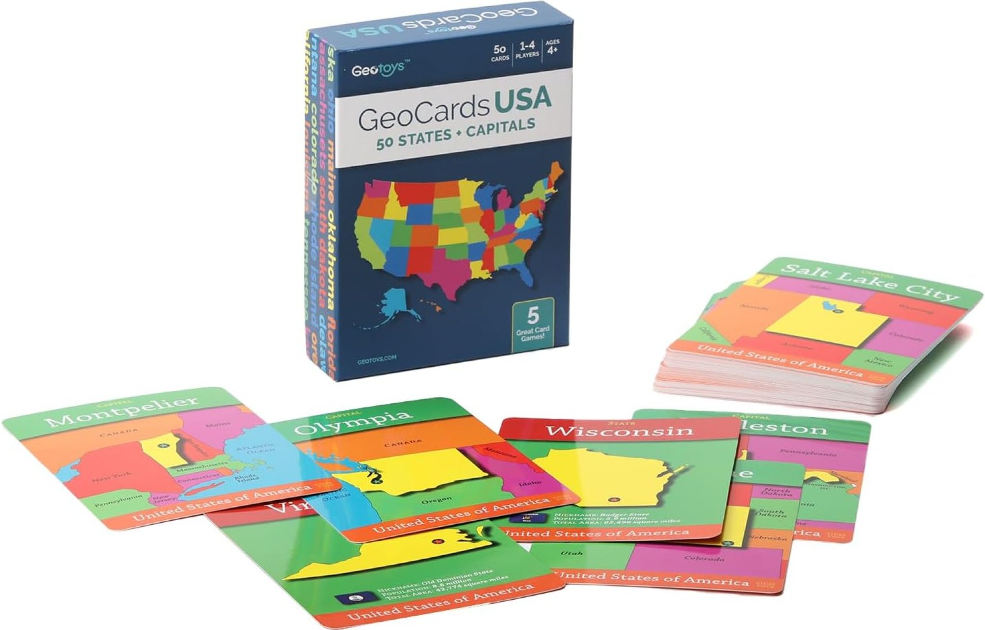 GeoToys GeoCards – USA Geography Flash Cards, Kid Card Games for Home, School & Travel, States & Capitals, Ages 4+ GeoToys GeoCards – USA Geography Flash Cards, Kid Card Games for Home, School & Travel, States & Capitals, Ages 4+