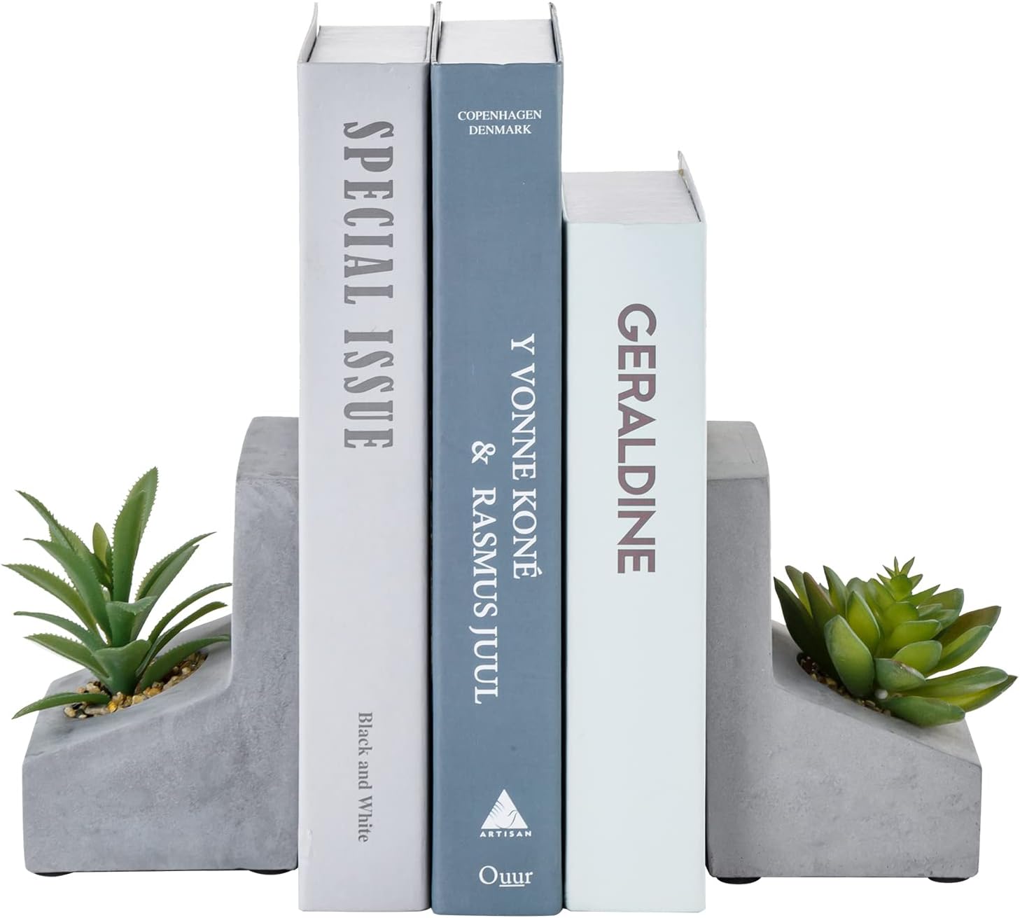 MyGift L-Shaped Concrete Decorative Bookends for Heavy Books with Planted Artificial Succulent Plants, Desktop Book Stands, 1 Pair MyGift L-Shaped Concrete Decorative Bookends for Heavy Books with Planted Artificial Succulent Plants, Desktop Book Stands, 1 Pair