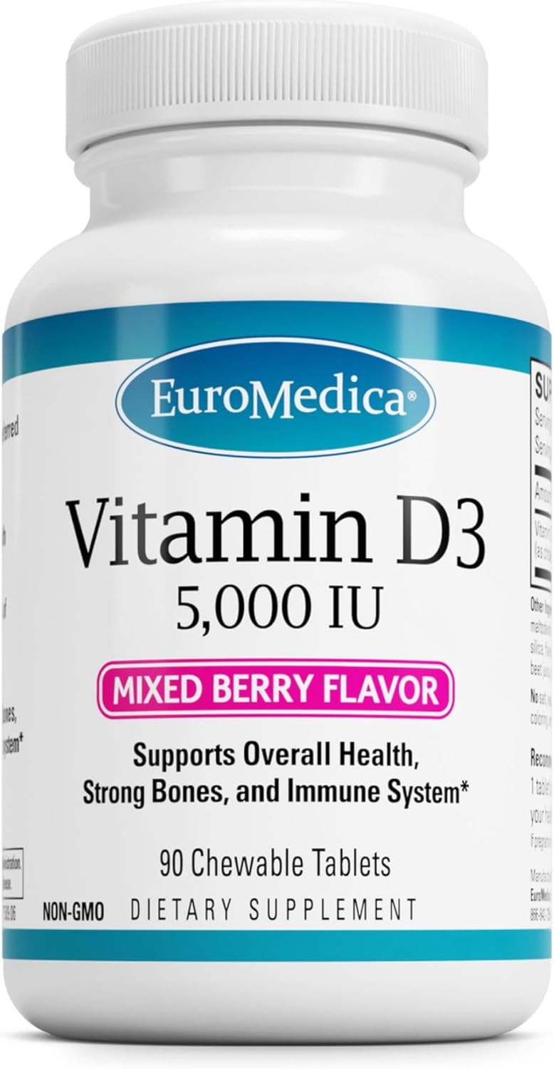 EuroMedica Vitamin D3 – Bone Health & Bone Strength Support Supplement – Dietary Supplement for Immune System & Brain Support – 5,000 IU Vitamin D Tablets with Mixed Berry Flavor – 90 Chewable Tablets EuroMedica Vitamin D3 – Bone Health & Bone Strength Support Supplement – Dietary Supplement for Immune System & Brain Support – 5,000 IU Vitamin D Tablets with Mixed Berry Flavor – 90 Chewable Tablets