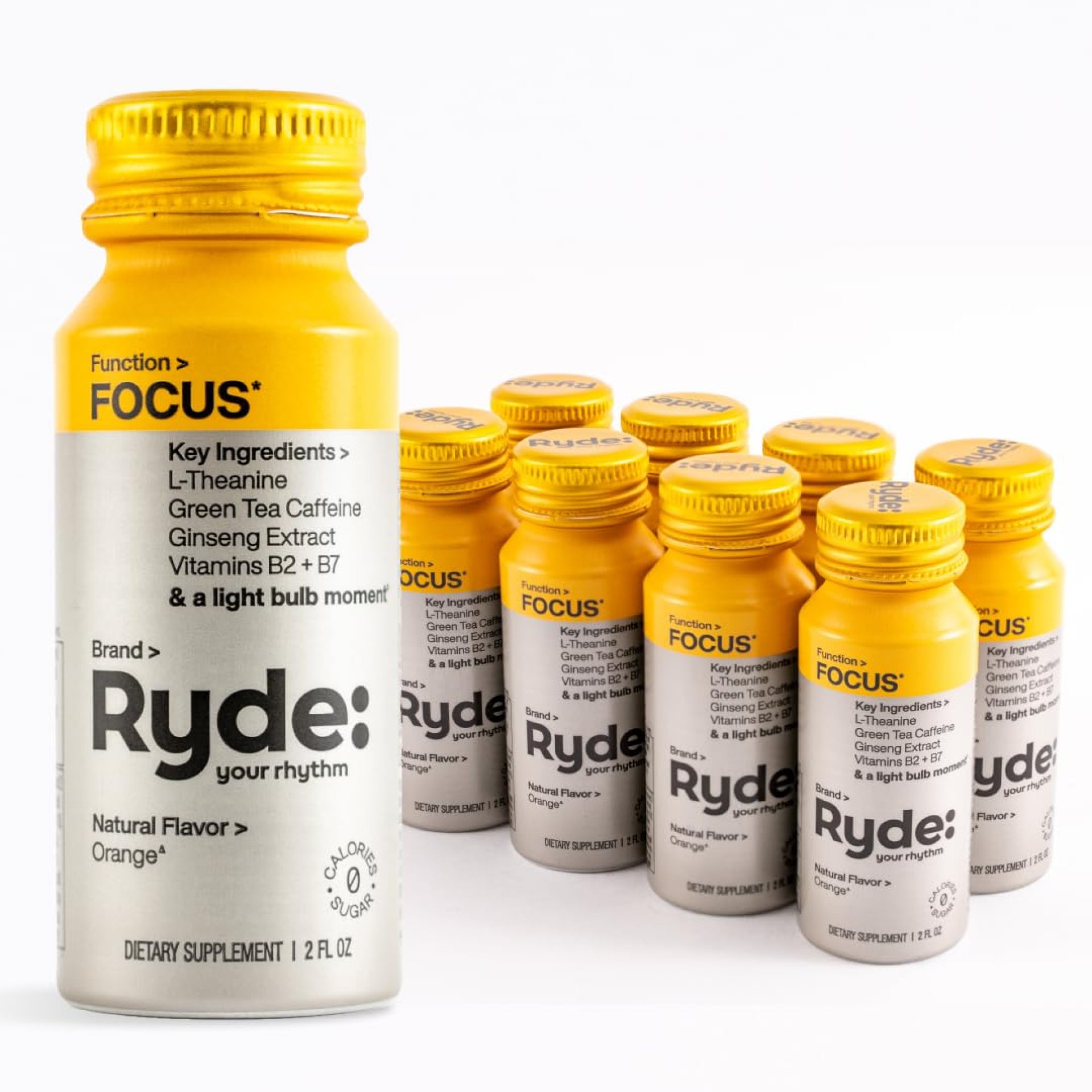 Ryde: Focus Shot | Orange Flavor | L-Theanine & Ginseng | Green Tea Caffeine | Vitamins B2 & B7 | 0 Calories, 0 Sugar | 2 FL OZ Shots | Supports Focus* (8 Pack) Ryde: Focus Shot | Orange Flavor | L-Theanine & Ginseng | Green Tea Caffeine | Vitamins B2 & B7 | 0 Calories, 0 Sugar | 2 FL OZ Shots | Supports Focus* (8 Pack)