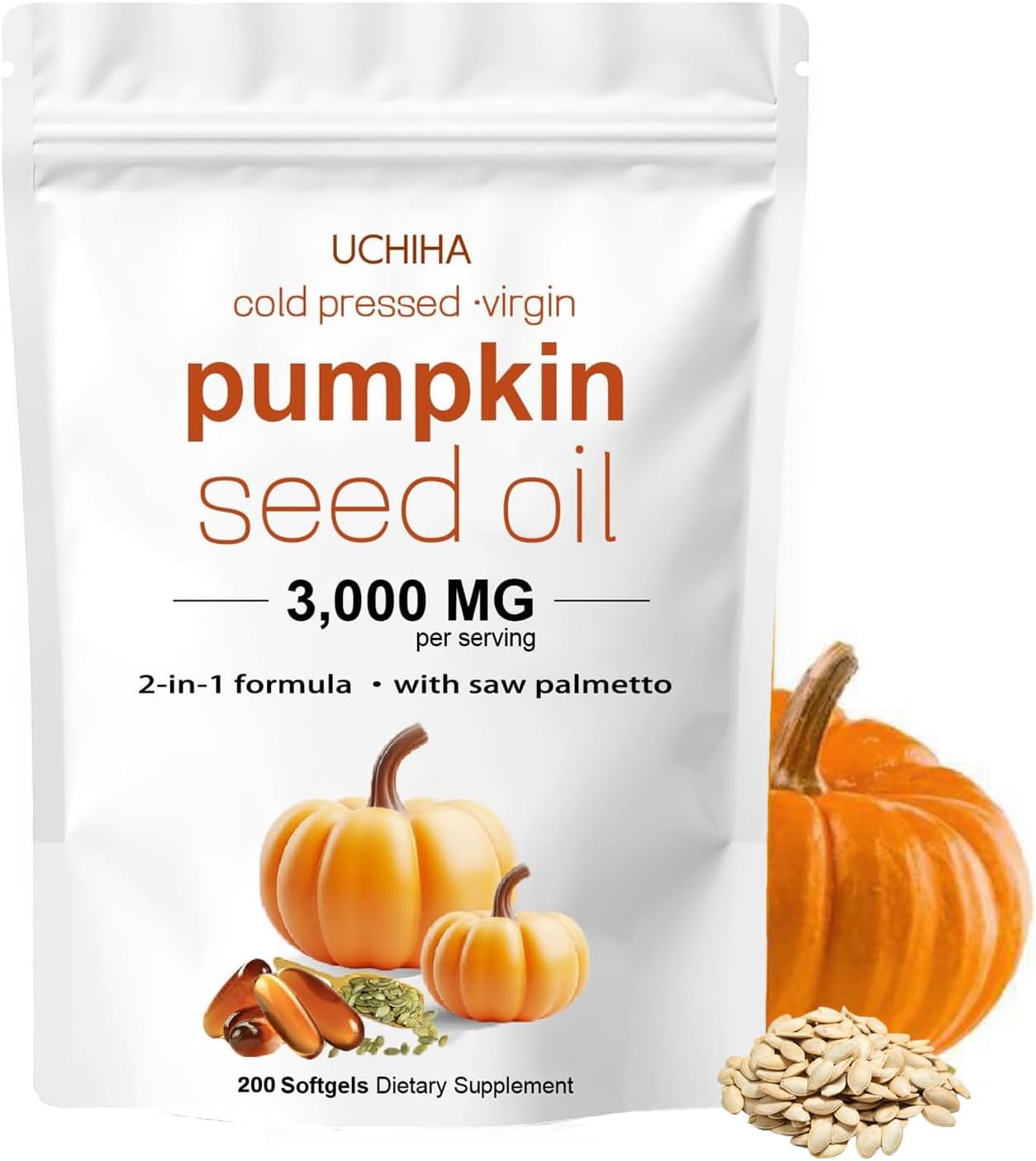 UCHIHA Pumpkin Seed Oil Capsules,Pumpkin Seed Oil with Saw Palmetto, Essential Fatty Acids & Phytosterols,Supports Hair, Urinary, Bladder & Prostate Health,Non-GMO,200 Softgels(1pc) UCHIHA Pumpkin Seed Oil Capsules,Pumpkin Seed Oil with Saw Palmetto, Essential Fatty Acids & Phytosterols,Supports Hair, Urinary, Bladder & Prostate Health,Non-GMO,200 Softgels(1pc)