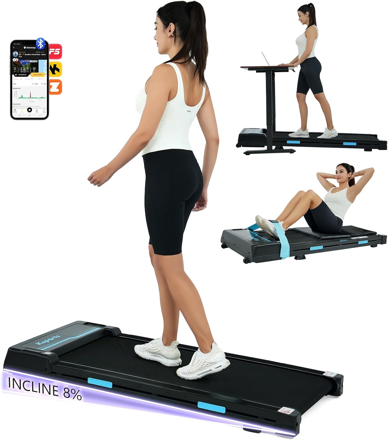 Ksports Walking Pad & Folding Treadmill – 2.5HP, Sit-Ups Mat, Bluetooth App, Portable Wheels | Incline, Desk, Dual Displays, 308 lbs & 265lbs Capacity Ksports Walking Pad & Folding Treadmill – 2.5HP, Sit-Ups Mat, Bluetooth App, Portable Wheels | Incline, Desk, Dual Displays, 308 lbs & 265lbs Capacity