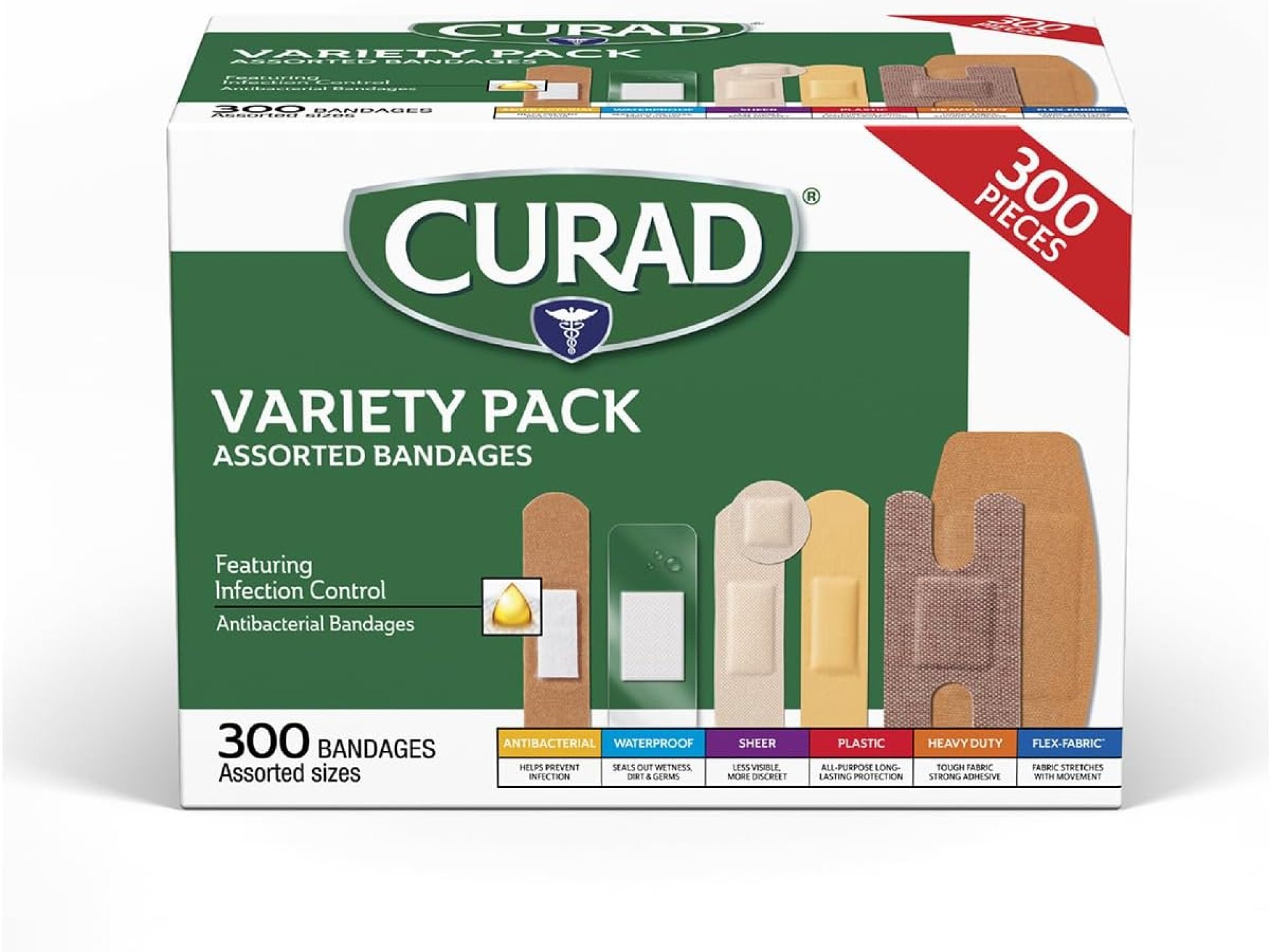 CURAD Assorted Bandages Variety Pack, 300 Count, 6 Styles Including Antibacterial, Waterproof, Sheer, Plastic, Heavy Duty & Flex-Fabric, Protects Scrapes, Cuts & Burns, Latex-Free CURAD Assorted Bandages Variety Pack, 300 Count, 6 Styles Including Antibacterial, Waterproof, Sheer, Plastic, Heavy Duty & Flex-Fabric, Protects Scrapes, Cuts & Burns, Latex-Free