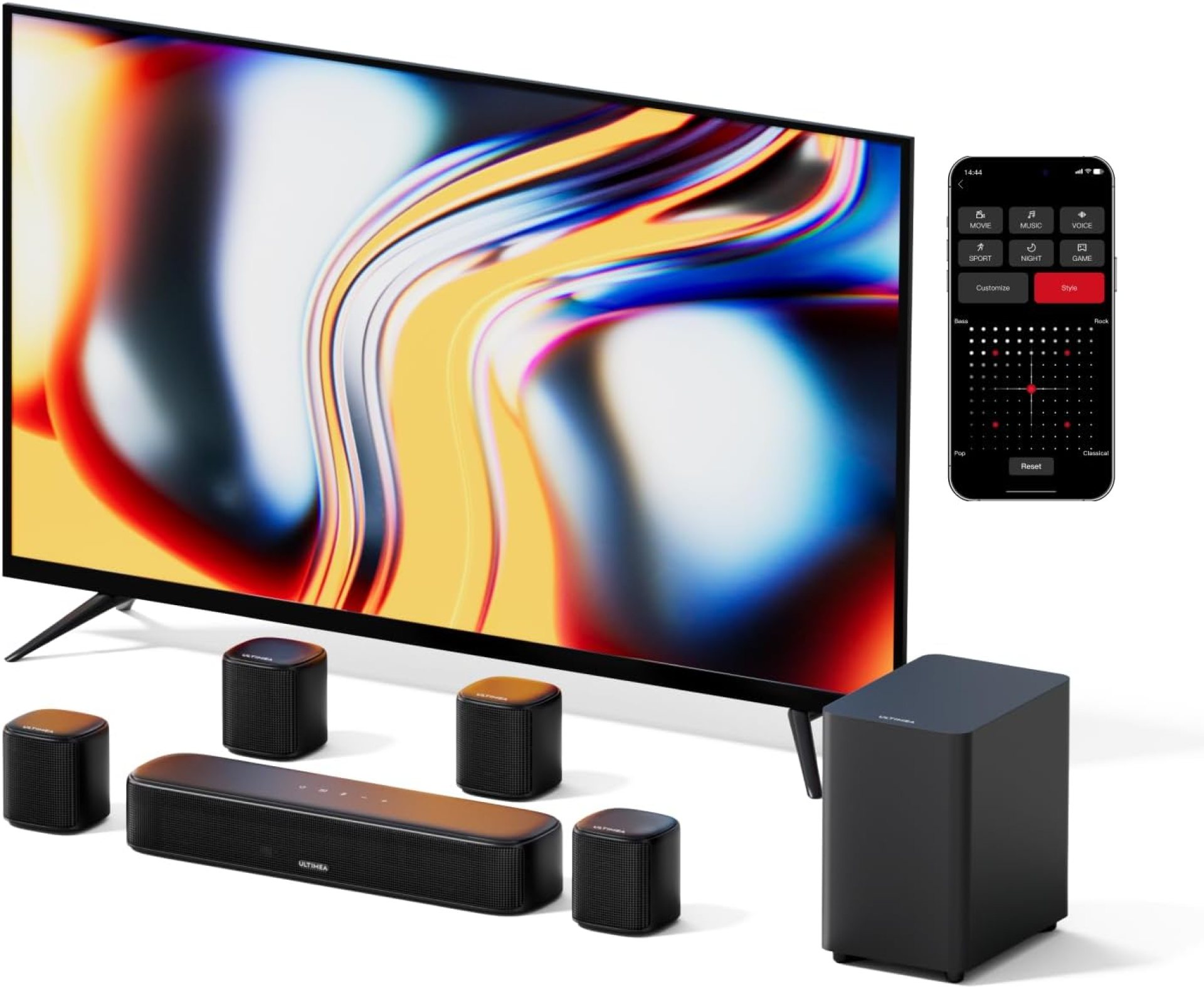 ULTIMEA 7.1ch Sound Bar with Subwoofer, Virtual Surround Sound System for TV, Sound Bar for Smart TV with 4 Surround Speakers, Peak Power 330W, TV Soundbar with App Control, Opt/AUX/BT, Aura A40 ULTIMEA 7.1ch Sound Bar with Subwoofer, Virtual Surround Sound System for TV, Sound Bar for Smart TV with 4 Surround Speakers, Peak Power 330W, TV Soundbar with App Control, Opt/AUX/BT, Aura A40