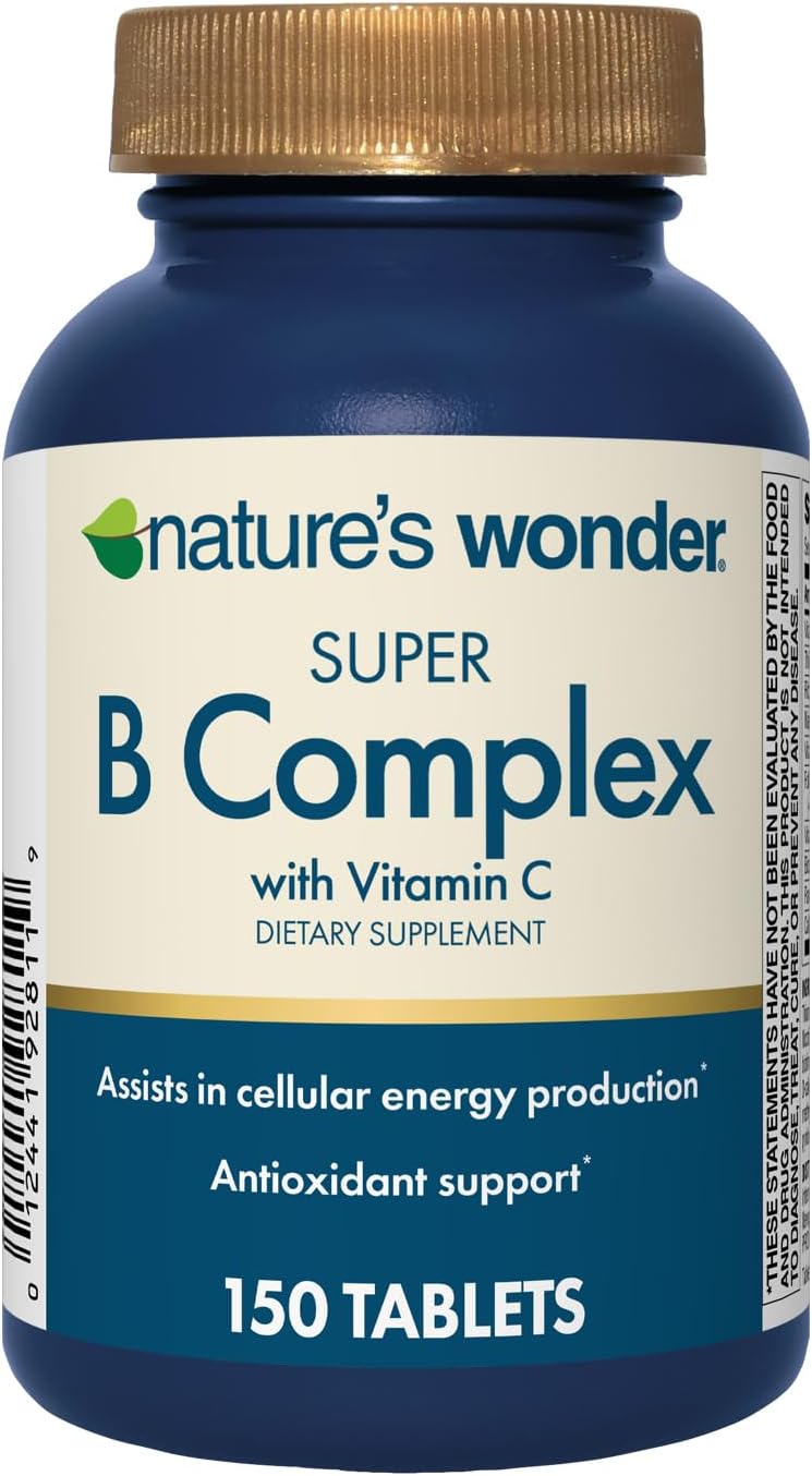 Nature’s Wonder Super B Complex with Vitamin C, Vitamin B12, & Folic Acid – Supports Energy Metabolism, Immune Function, Nervous System, Skin & Muscle Health, 150 Tablets Nature’s Wonder Super B Complex with Vitamin C, Vitamin B12, & Folic Acid – Supports Energy Metabolism, Immune Function, Nervous System, Skin & Muscle Health, 150 Tablets