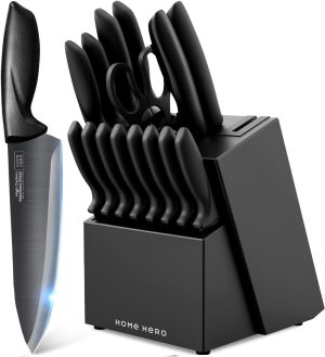 Home Hero Kitchen Knife Set with Sharpener – High Carbon Stainless Steel Knife Block Set with Ergonomic Handles (16 Pcs – Black)