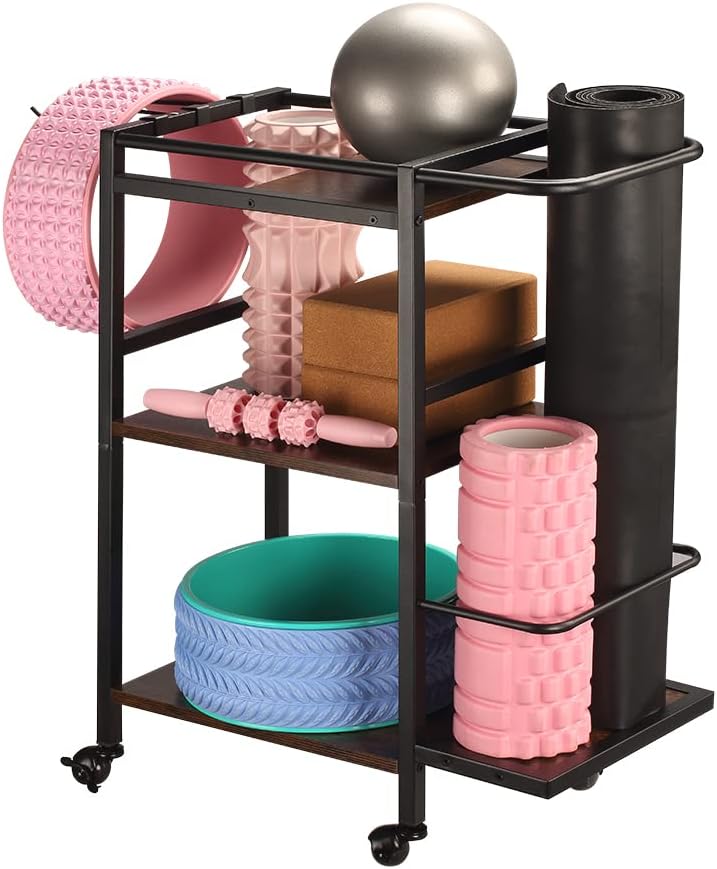 Butizone Yoga Mat Storage Rack, Home Gym Organizer for Workout Equipment, Foam Roller, Dumbbell, Accessories – Holder With Hooks and Wheels for Exercise and Fitness Butizone Yoga Mat Storage Rack, Home Gym Organizer for Workout Equipment, Foam Roller, Dumbbell, Accessories – Holder With Hooks and Wheels for Exercise and Fitness