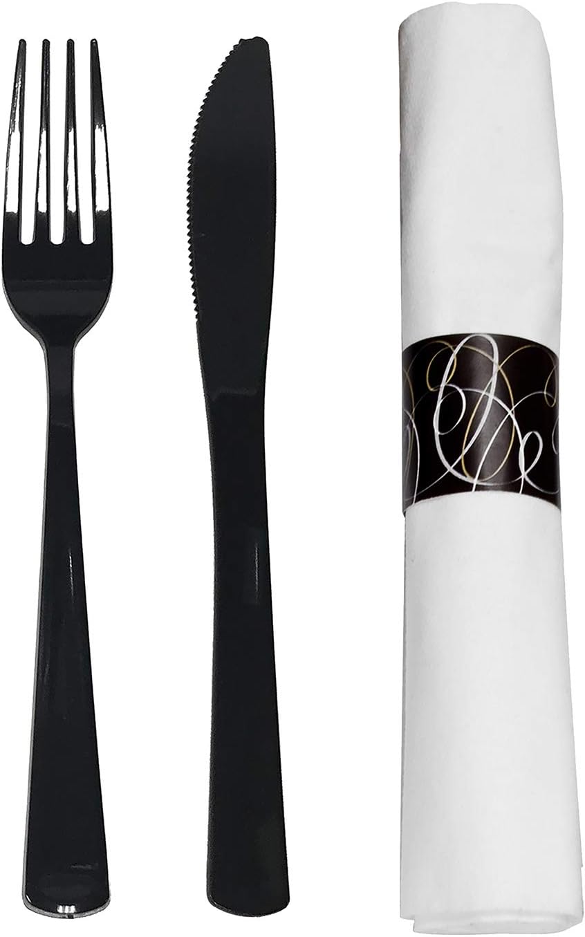 Party Essentials Party Supplies Wrapped Silverware Set Disposable, Pre Rolled Napkin and Cutlery, Forks/Knives Black, 50 Units Party Essentials Party Supplies Wrapped Silverware Set Disposable, Pre Rolled Napkin and Cutlery, Forks/Knives Black, 50 Units