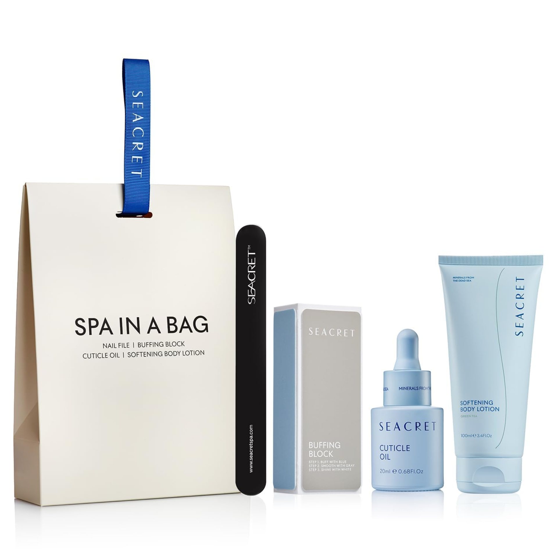 SEACRET NAIL CARE COLLECTION: Dead Sea Mineral Fingernail & Toenail DIY Salon Manicure Treatment Set with File, 3-Way Buffer Block for Shine, 1 Oz Cuticle Oil, & 6.8 Oz Body Lotion Kit SEACRET NAIL CARE COLLECTION: Dead Sea Mineral Fingernail & Toenail DIY Salon Manicure Treatment Set with File, 3-Way Buffer Block for Shine, 1 Oz Cuticle Oil, & 6.8 Oz Body Lotion Kit