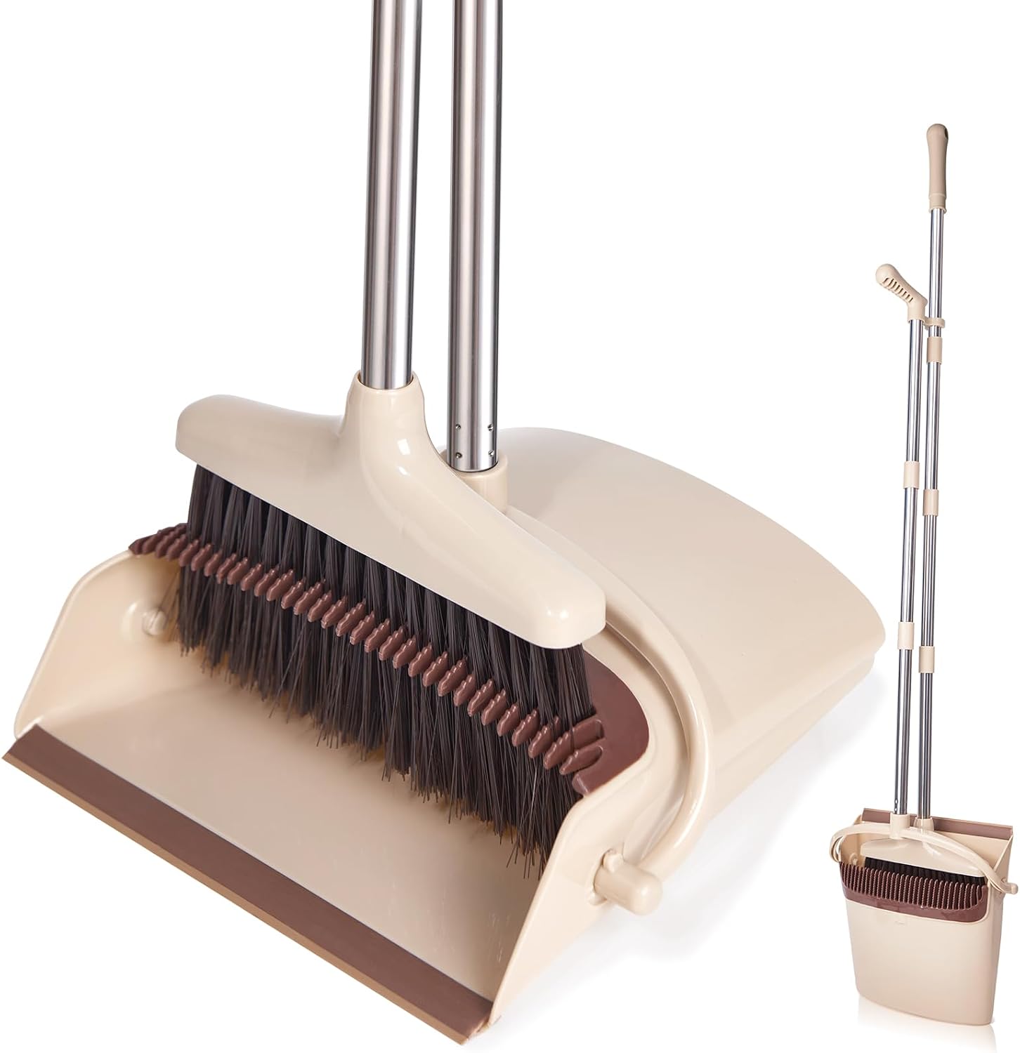 Broom and Dustpan Set with Long Handle, Light Weight Stainless Steel Poles Stand Upright Dustpans with Broom Combo for Home Kitchen Office Pet Dog Hair, Brown & Beige Color, 1-Pack Broom and Dustpan Set with Long Handle, Light Weight Stainless Steel Poles Stand Upright Dustpans with Broom Combo for Home Kitchen Office Pet Dog Hair, Brown & Beige Color, 1-Pack