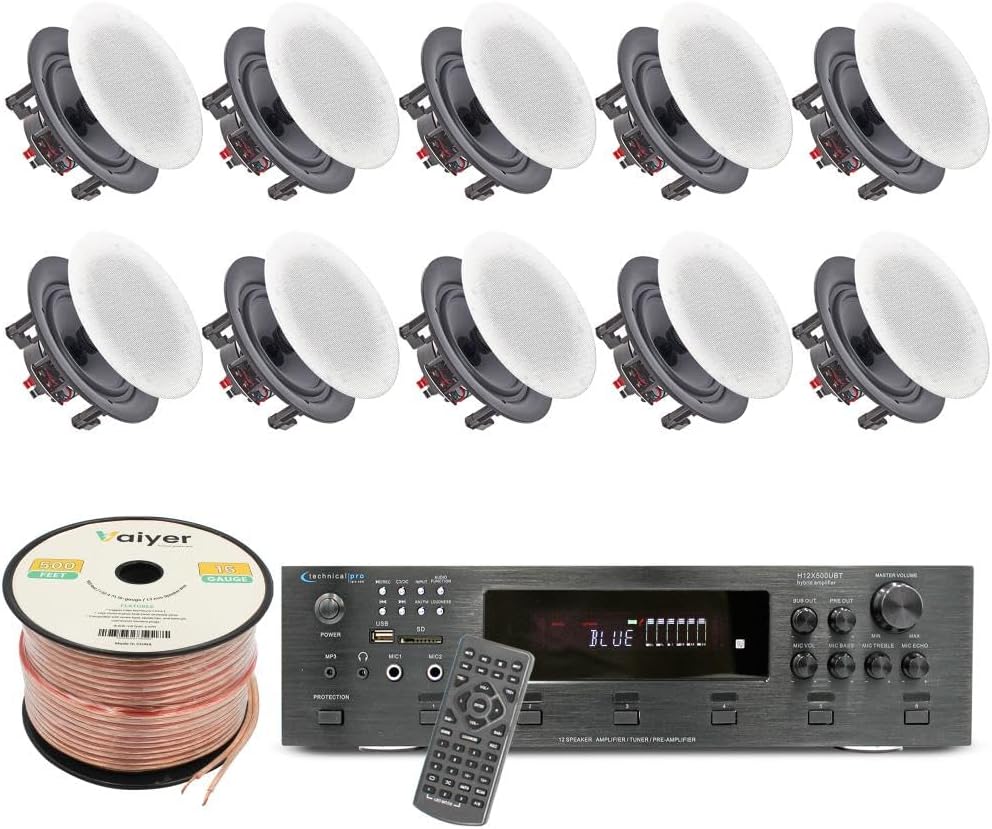 Vaiyer Home Audio System Kit, 6-Channel 6000 Watts Bluetooth Amplifier w/ 5.25″ 10 QTY of 175 W Each Frameless in-Ceiling Speakers & 16 AWG 500 ft Speaker Wire – Perfect for Home/Office/Bar/Restaurant Vaiyer Home Audio System Kit, 6-Channel 6000 Watts Bluetooth Amplifier w/ 5.25″ 10 QTY of 175 W Each Frameless in-Ceiling Speakers & 16 AWG 500 ft Speaker Wire – Perfect for Home/Office/Bar/Restaurant
