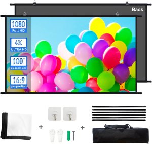 Projection Screen Black Backing 16: 9 Hanging Projector Screen 100″ Indoor Movie Screen with 4K Full HD Outdoor Projector Screen Wall mounting Pull Down Screen for Office presentations Home Theater