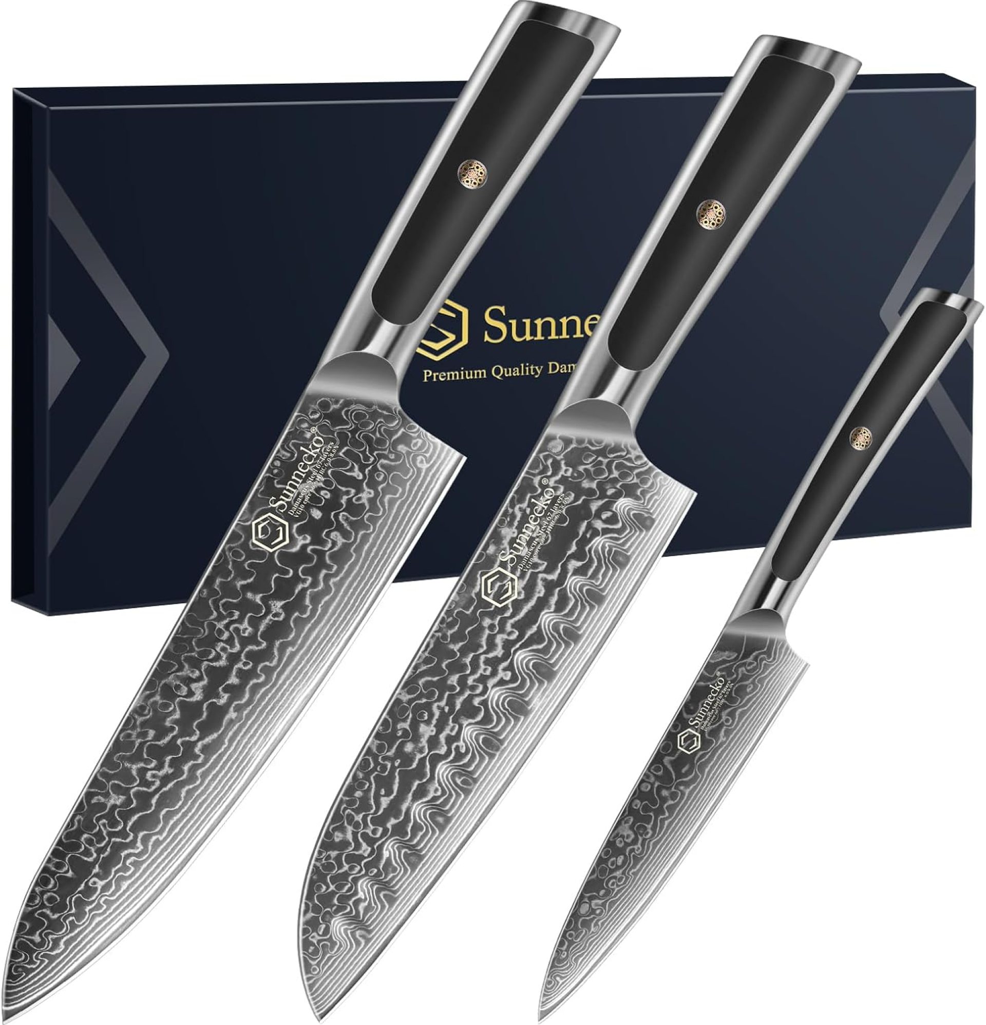 Sunnecko Damascus Kitchen Knife Set 3 Piece Chef Knife Set Professional, Sharp Kitchen Knives Set Full Tang, Gift Box Sunnecko Damascus Kitchen Knife Set 3 Piece Chef Knife Set Professional, Sharp Kitchen Knives Set Full Tang, Gift Box