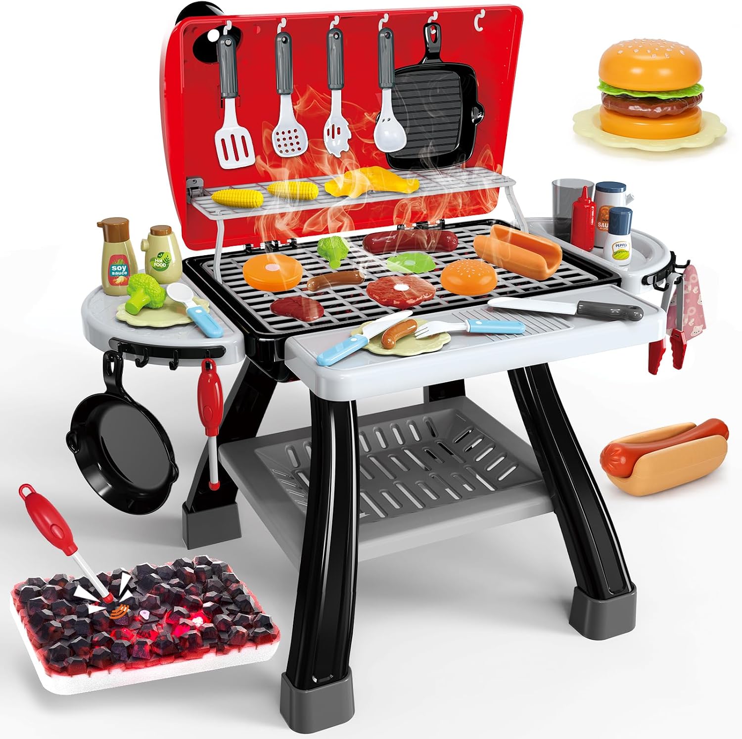Kids Play Kitchen Toys, Kids BBQ Grill Kitchen Playset with Smoke, Sound & Light, Play Food Toys Cooking Set, 2-Layer Barbecue Outdoor Play Grill Toy Gift for Toddler Boys Girls 3-5 Kids Play Kitchen Toys, Kids BBQ Grill Kitchen Playset with Smoke, Sound & Light, Play Food Toys Cooking Set, 2-Layer Barbecue Outdoor Play Grill Toy Gift for Toddler Boys Girls 3-5
