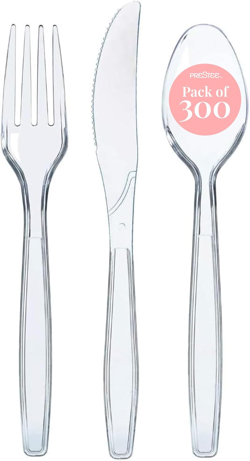 Prestee 300-Piece Plastic Cutlery Set – 100 Each of Clear Plastic Forks, Knives, Spoons – Heavy Duty Silverware for Parties – Disposable Utensils for Weddings and Buffets Prestee 300-Piece Plastic Cutlery Set – 100 Each of Clear Plastic Forks, Knives, Spoons – Heavy Duty Silverware for Parties – Disposable Utensils for Weddings and Buffets