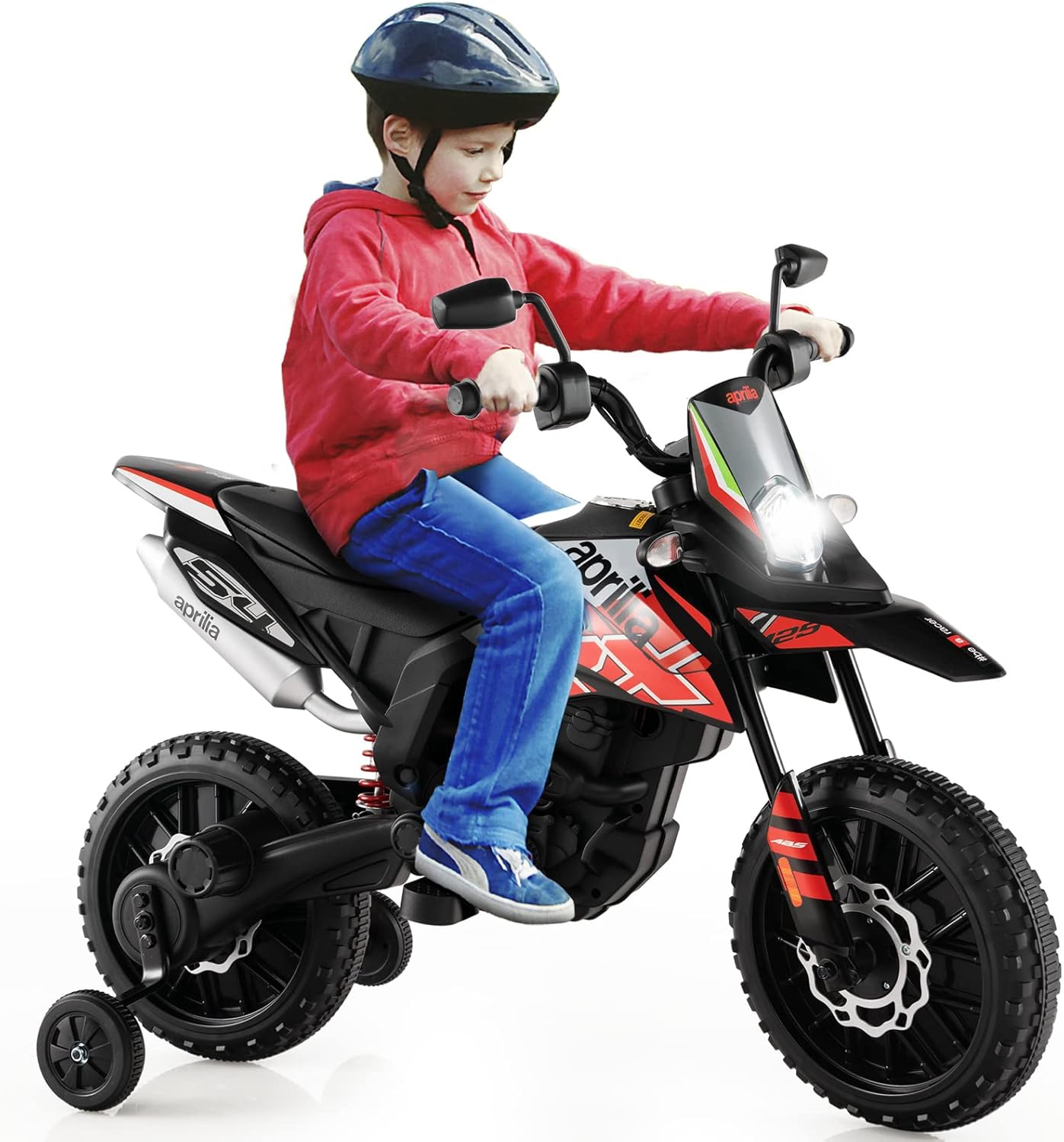 Costzon 12V Kids Motorcycle with Training Wheels, Licensed Aprilia Battery Powered Toddler Motorbike w/Light, Music, Wireless Function, Spring Suspension, Electric Dirt Bike for Boys Girls (Red) Costzon 12V Kids Motorcycle with Training Wheels, Licensed Aprilia Battery Powered Toddler Motorbike w/Light, Music, Wireless Function, Spring Suspension, Electric Dirt Bike for Boys Girls (Red)