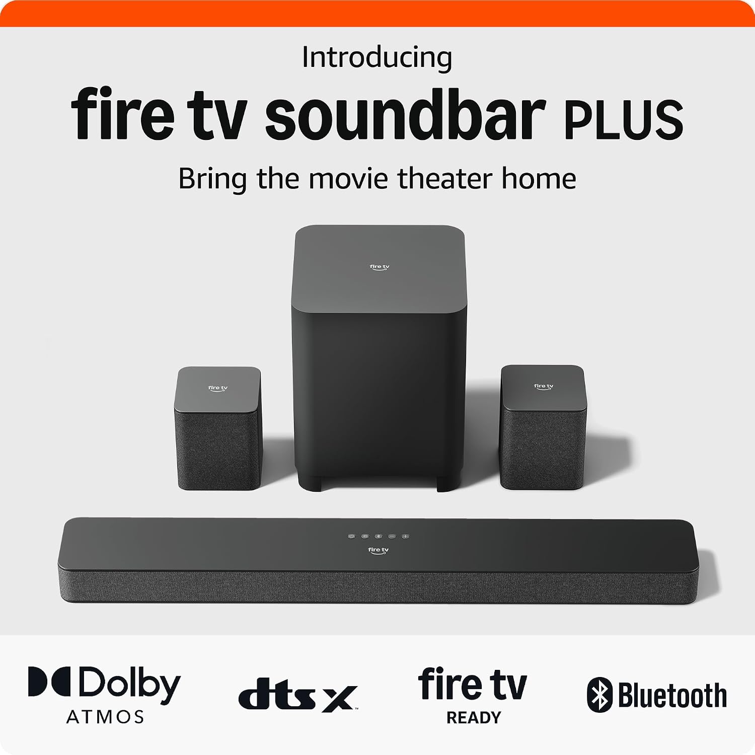 Amazon Fire TV Soundbar Plus with subwoofer and surround sound speakers (newest model), 5.1 channel, Dolby Atmos, clear dialogue Amazon Fire TV Soundbar Plus with subwoofer and surround sound speakers (newest model), 5.1 channel, Dolby Atmos, clear dialogue
