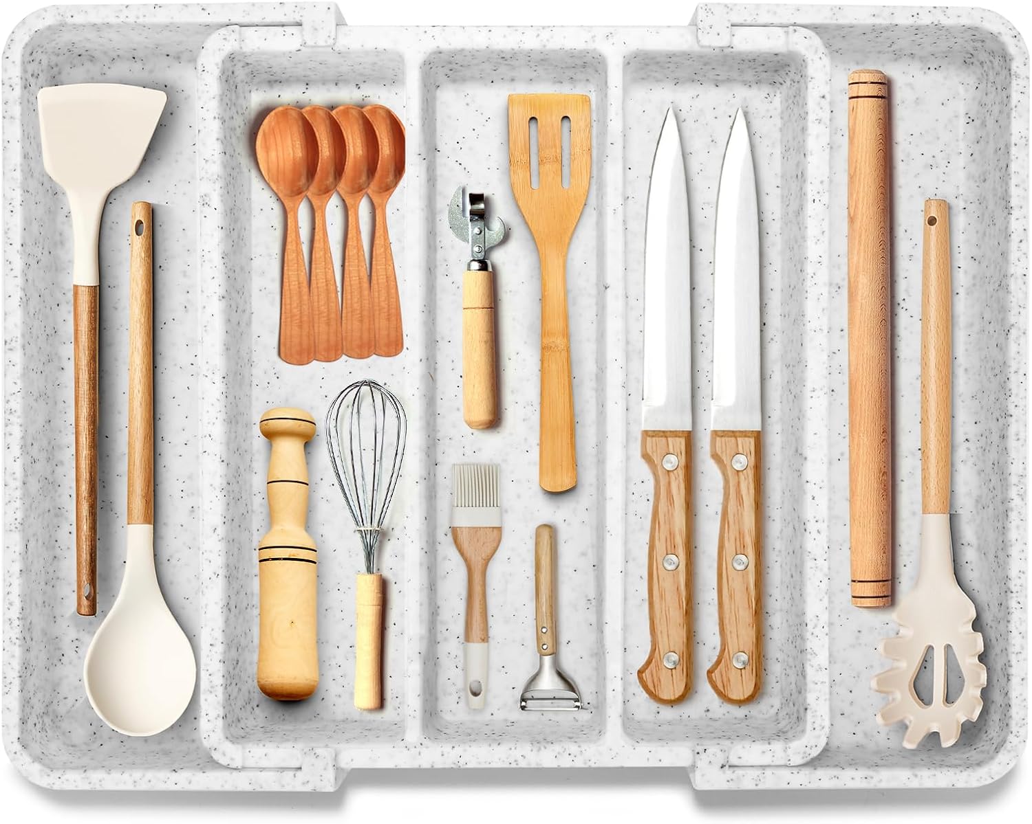 Expandable Large Silverware Organizer, Utensil Drawer Organizer for Kitchen Cutlery, Marble Design, Adjustable Cooking Utensil Tray, Plastic Spatula Tools and Gadgets Storage Divider, White Expandable Large Silverware Organizer, Utensil Drawer Organizer for Kitchen Cutlery, Marble Design, Adjustable Cooking Utensil Tray, Plastic Spatula Tools and Gadgets Storage Divider, White